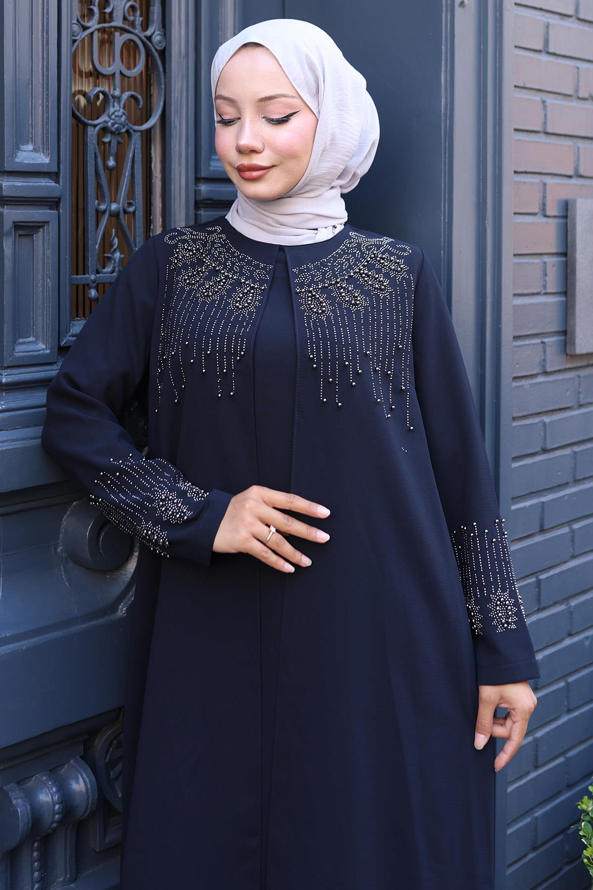Boncuk ve Taş Detaylı Büyük Beden Anne Elbisesi Lacivert SS2769