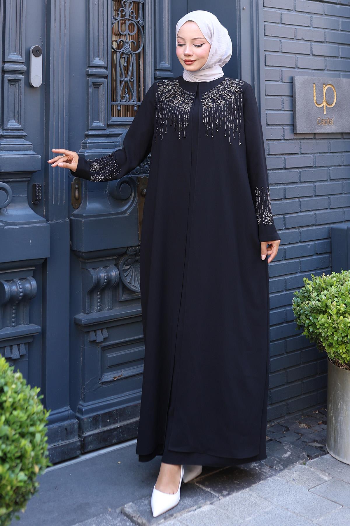 Boncuk ve Taş Detaylı Büyük Beden Anne Elbisesi Siyah SS2769