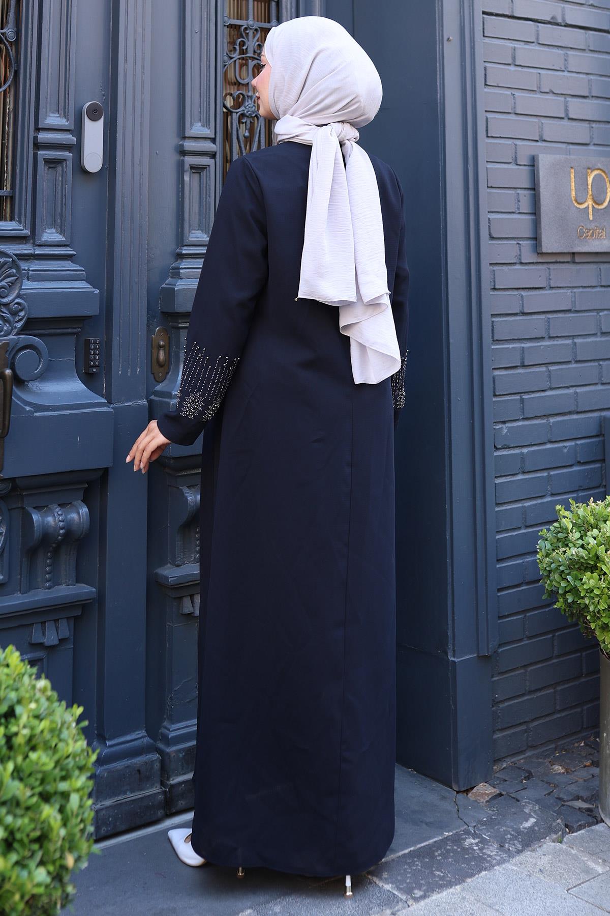 Boncuk ve Taş Detaylı Büyük Beden Anne Elbisesi Lacivert SS2769