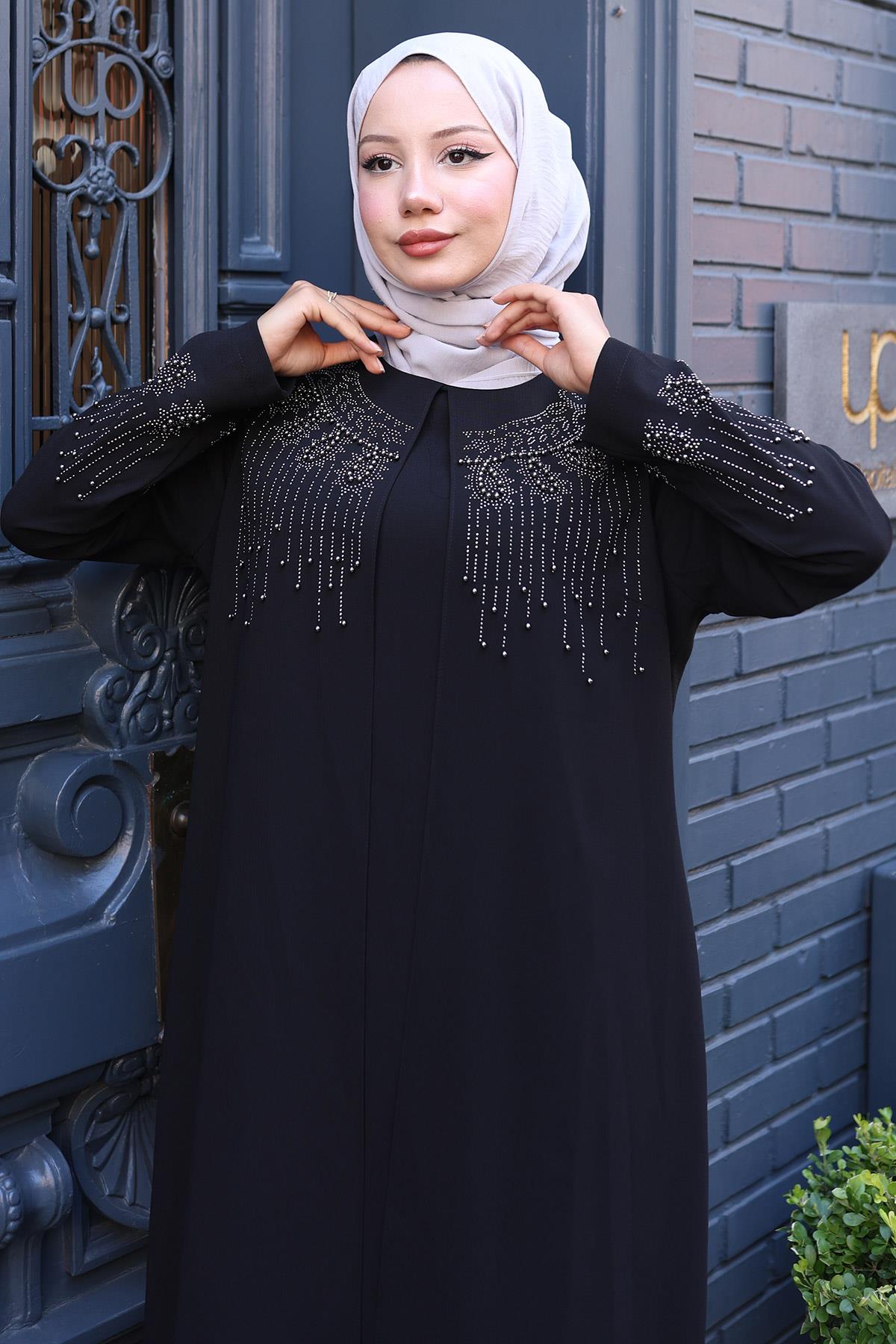 Boncuk ve Taş Detaylı Büyük Beden Anne Elbisesi Siyah SS2769