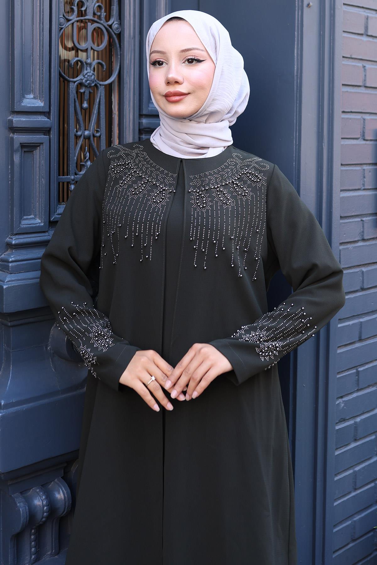 Boncuk ve Taş Detaylı Büyük Beden Anne Elbisesi Haki SS2769