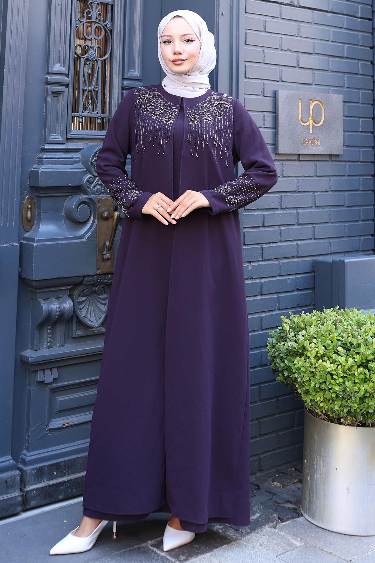Boncuk ve Taş Detaylı Büyük Beden Anne Elbisesi Mürdüm SS2769