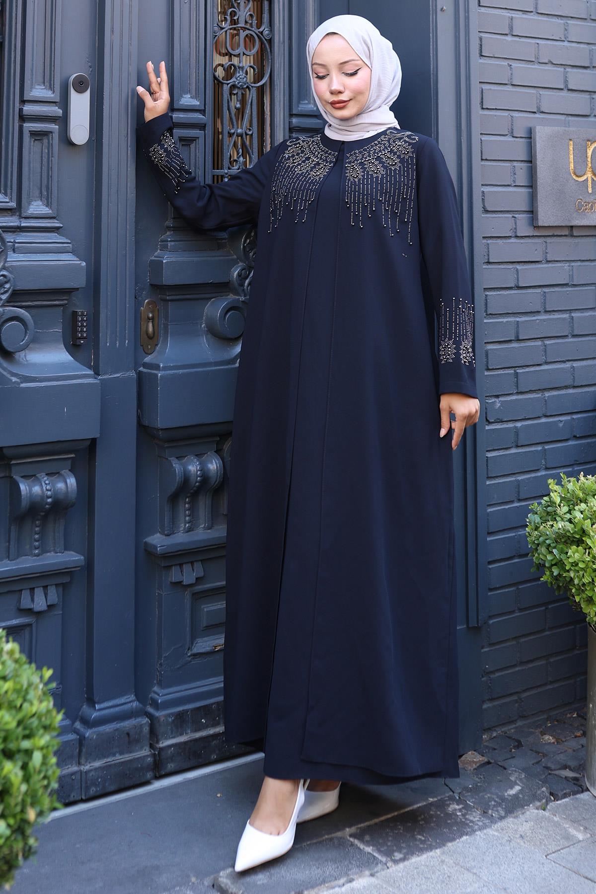 Boncuk ve Taş Detaylı Büyük Beden Anne Elbisesi Lacivert SS2769