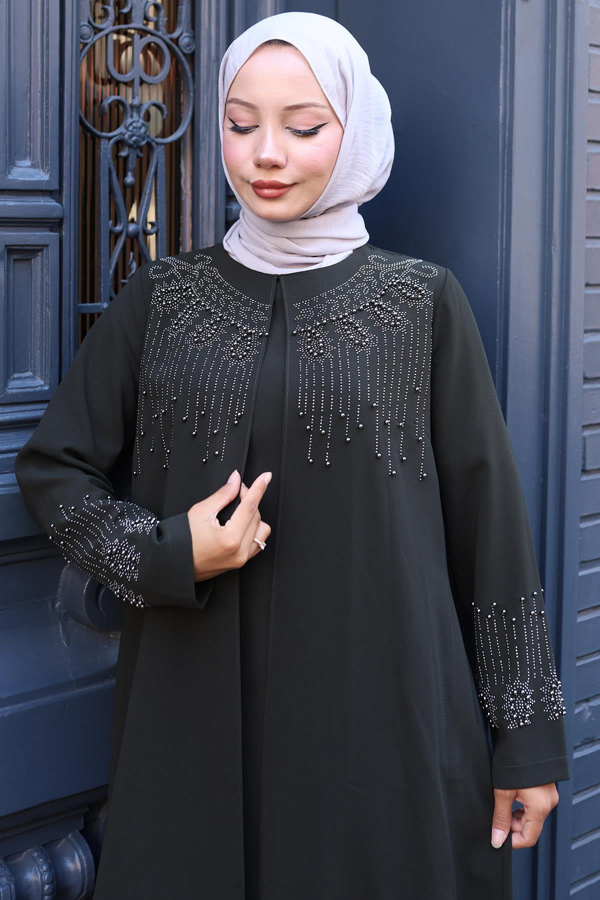 Boncuk ve Taş Detaylı Büyük Beden Anne Elbisesi Haki SS2769