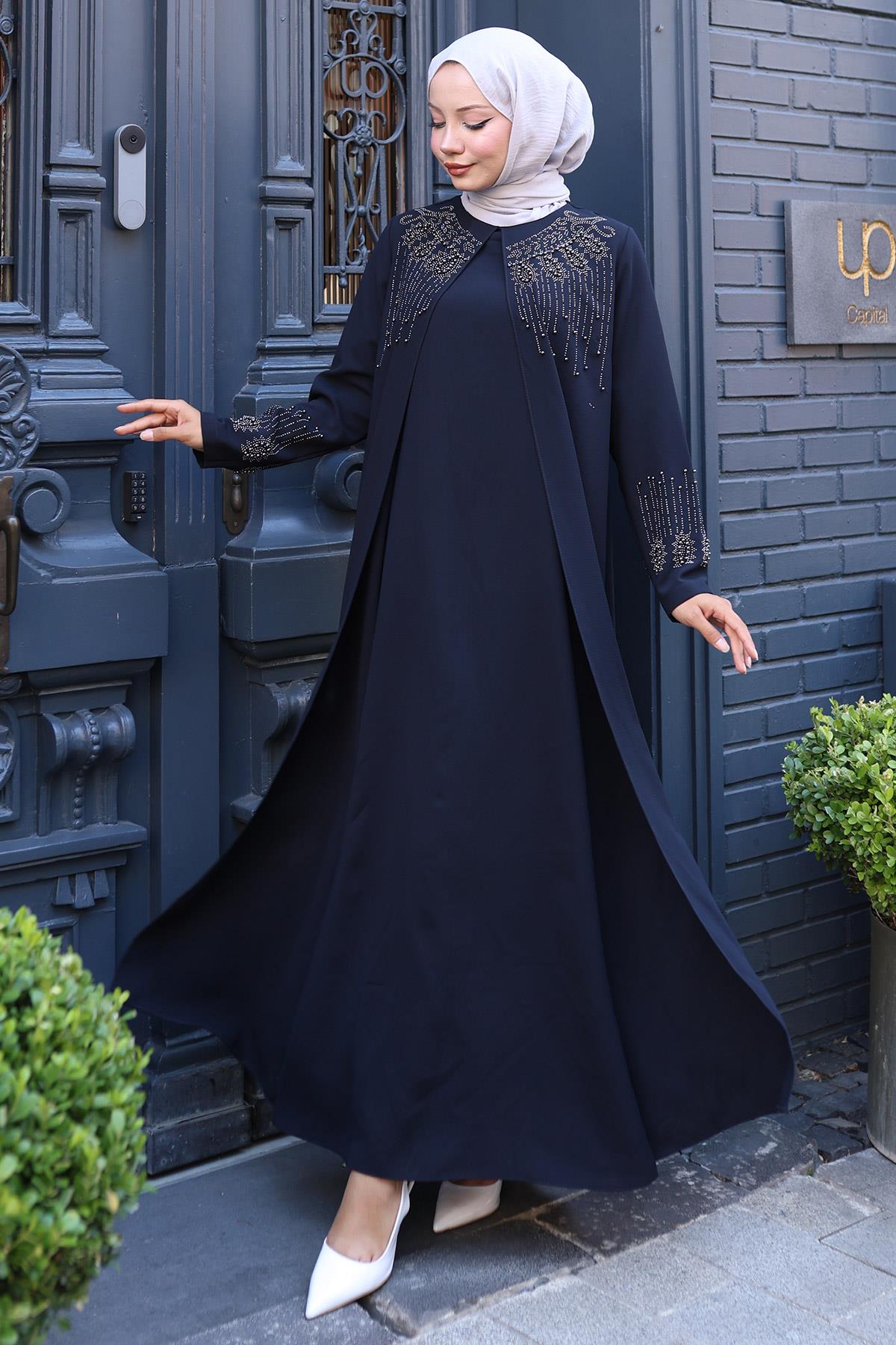 Boncuk ve Taş Detaylı Büyük Beden Anne Elbisesi Lacivert SS2769