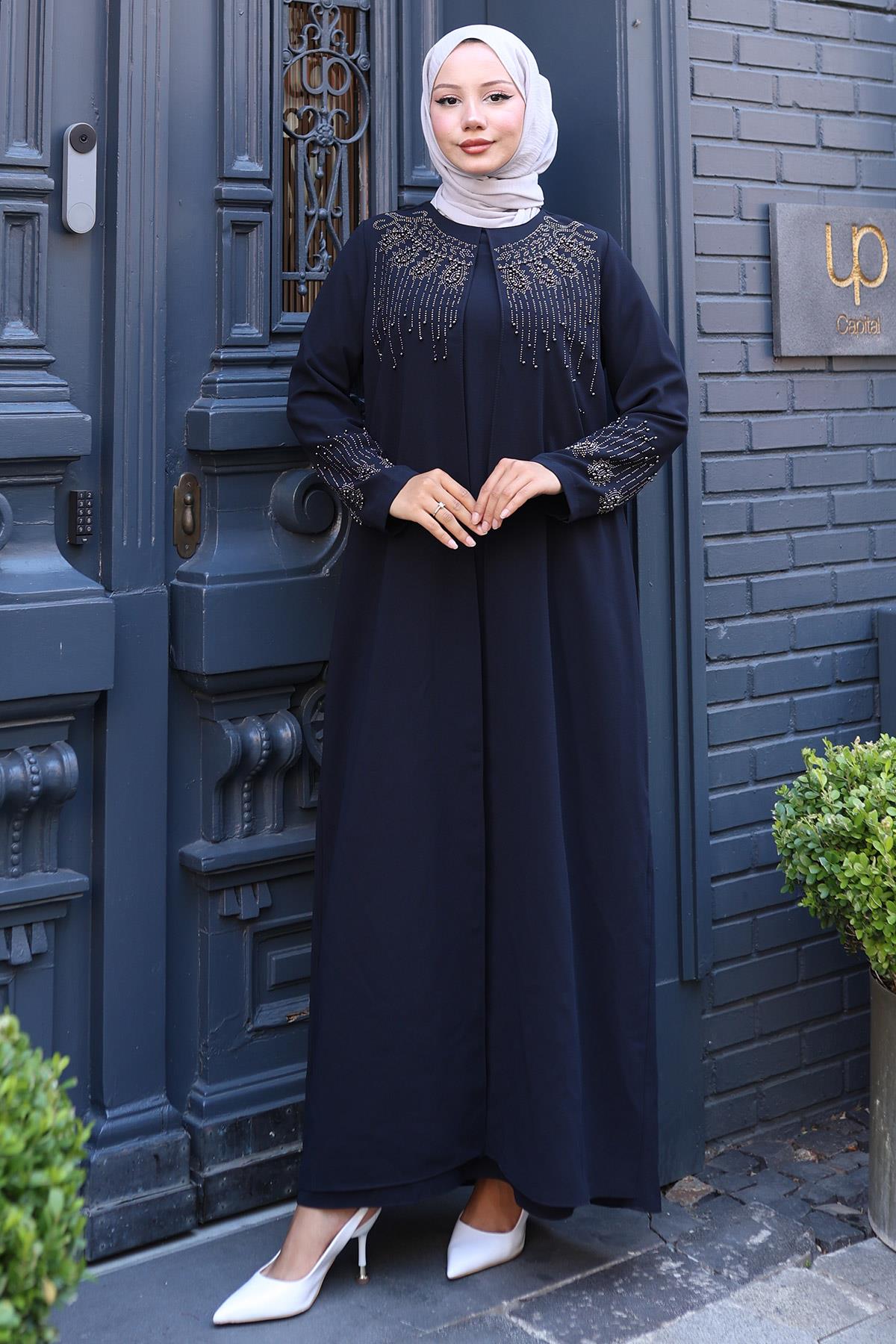 Boncuk ve Taş Detaylı Büyük Beden Anne Elbisesi Lacivert SS2769