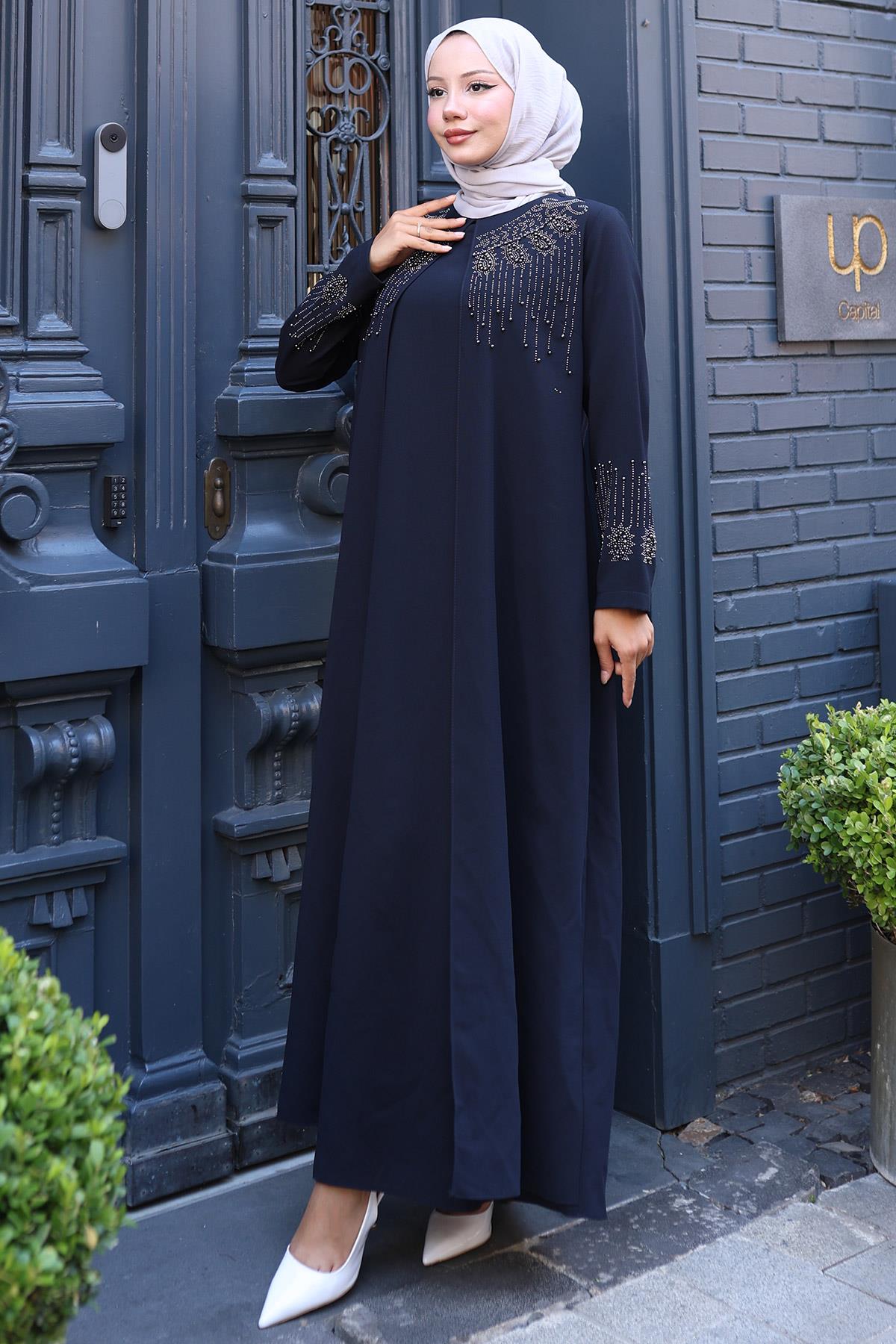 Boncuk ve Taş Detaylı Büyük Beden Anne Elbisesi Lacivert SS2769