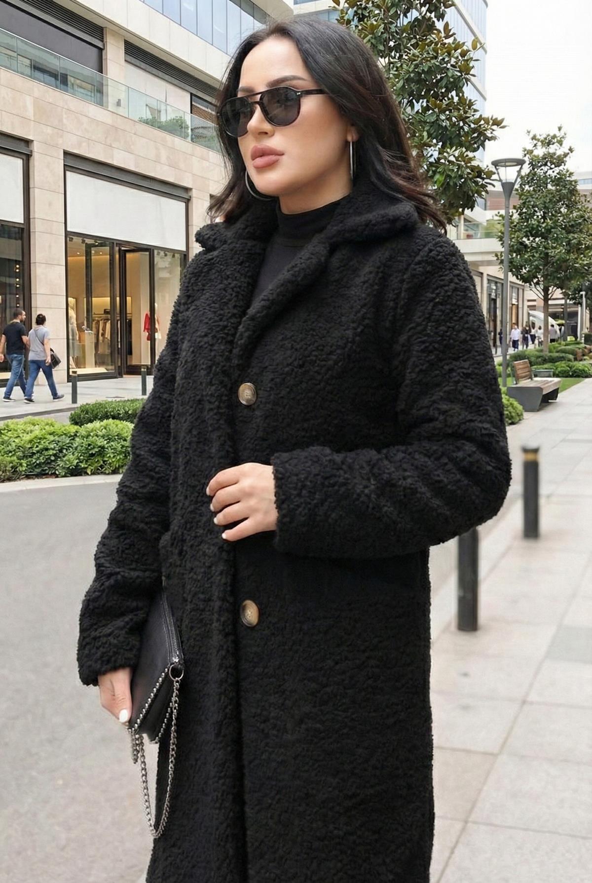 Astarlı Üç Düğmeli Peluş Mont Siyah SS2507