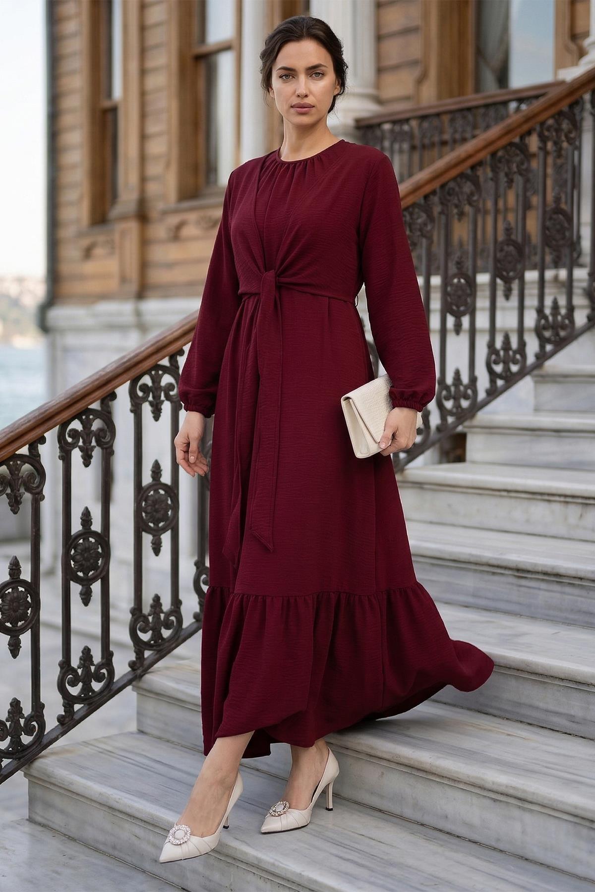 Bağlamalı Ayrobin Elbise Bordo SS2873