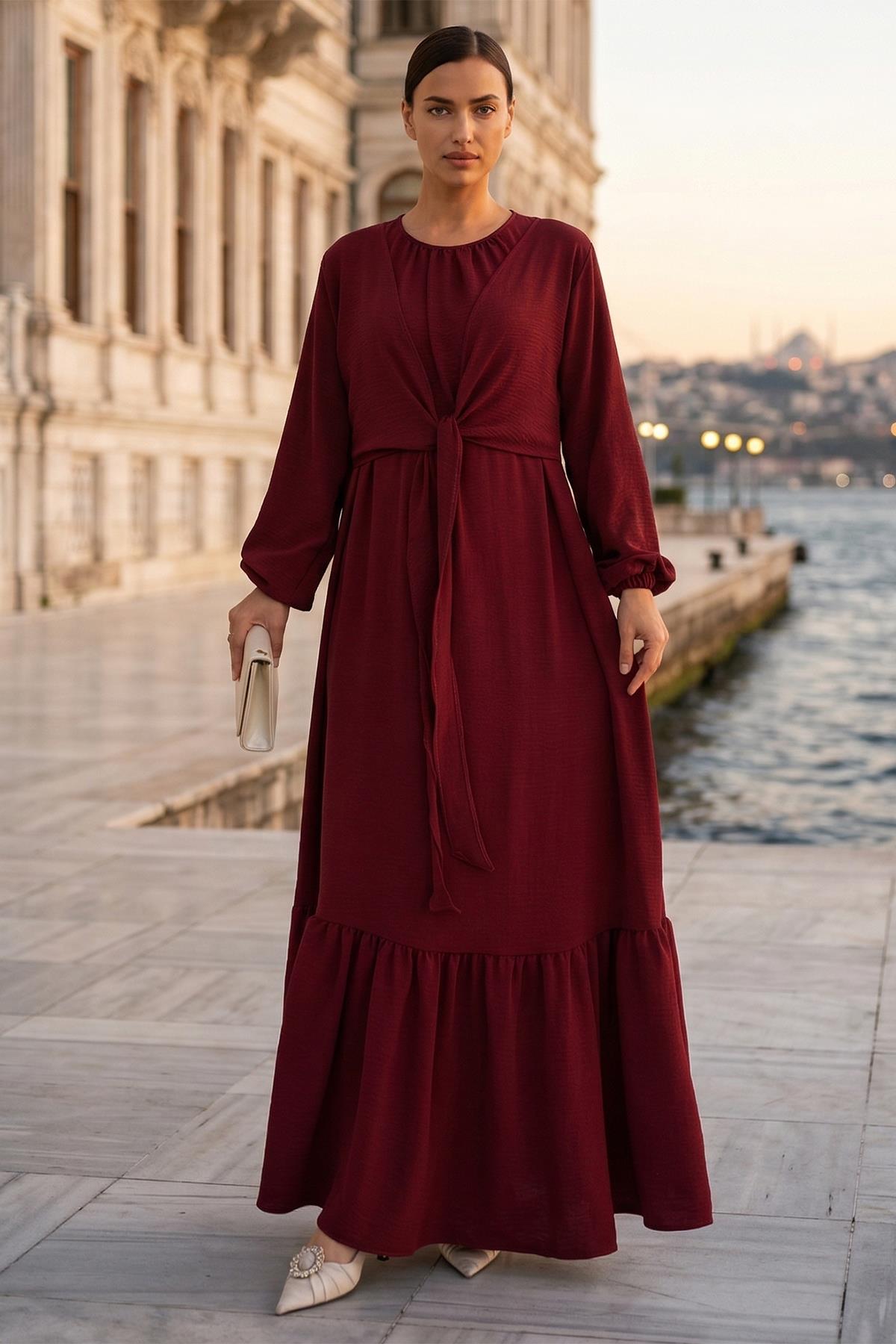 Bağlamalı Ayrobin Elbise Bordo SS2873