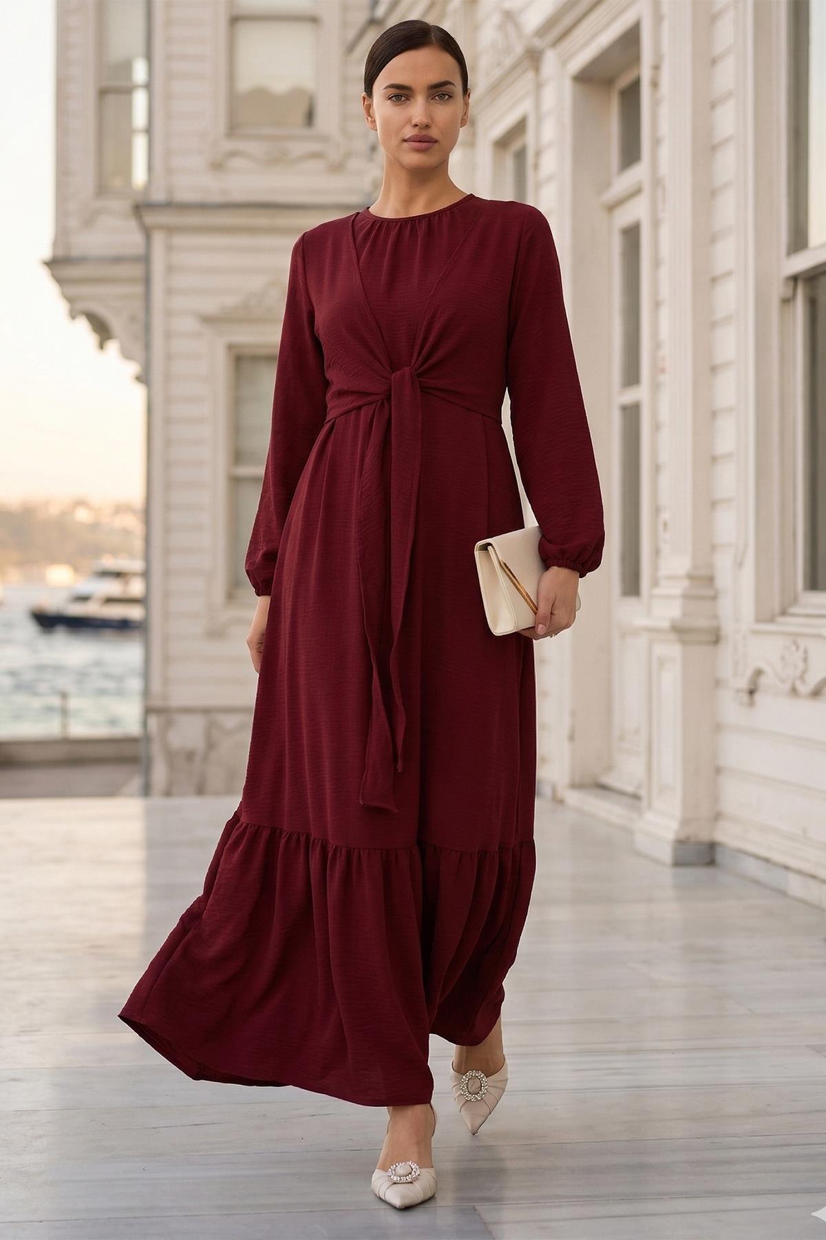 Bağlamalı Ayrobin Elbise Bordo SS2873