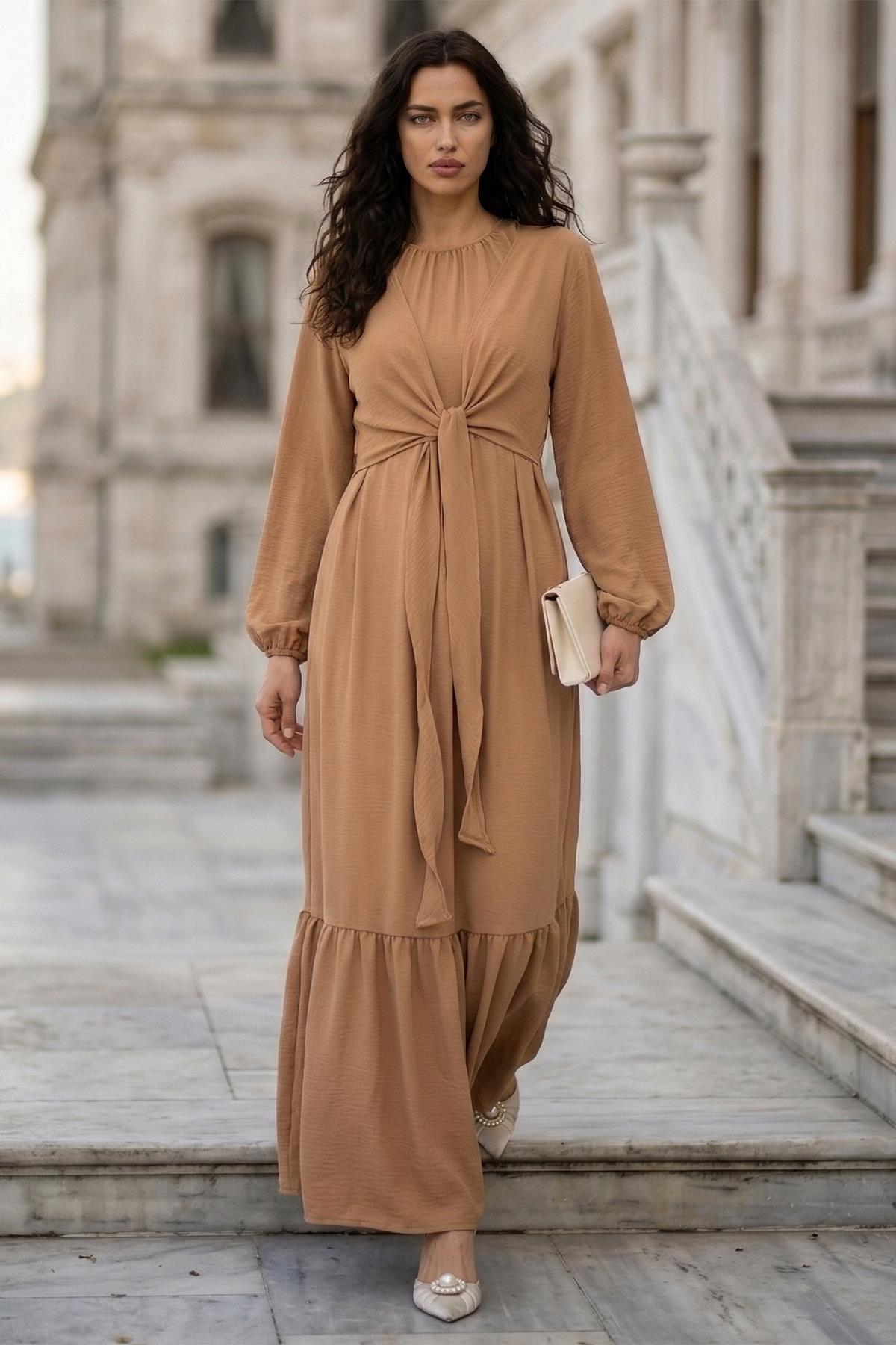 Bağlamalı Ayrobin Elbise Camel SS2873