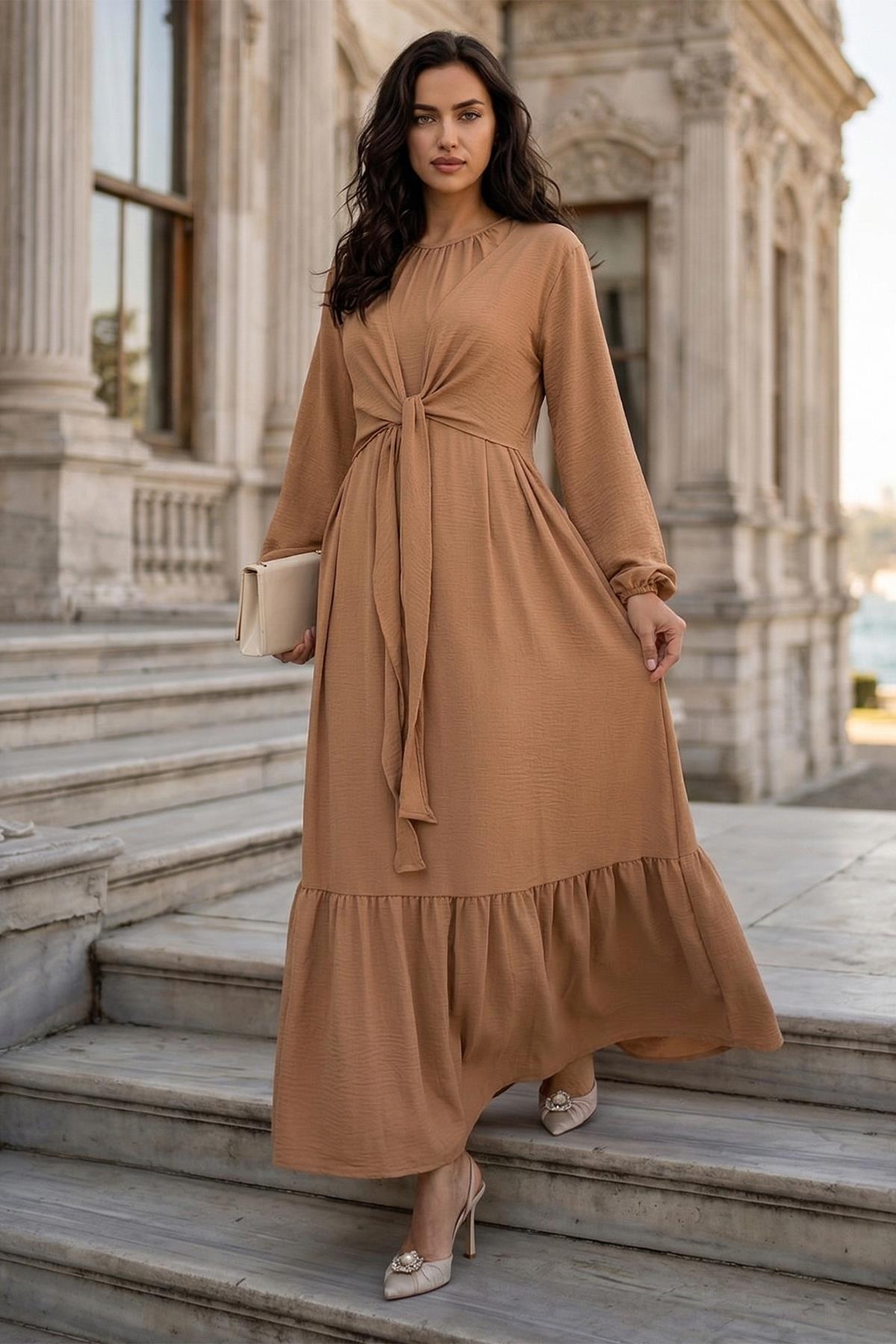 Bağlamalı Ayrobin Elbise Camel SS2873