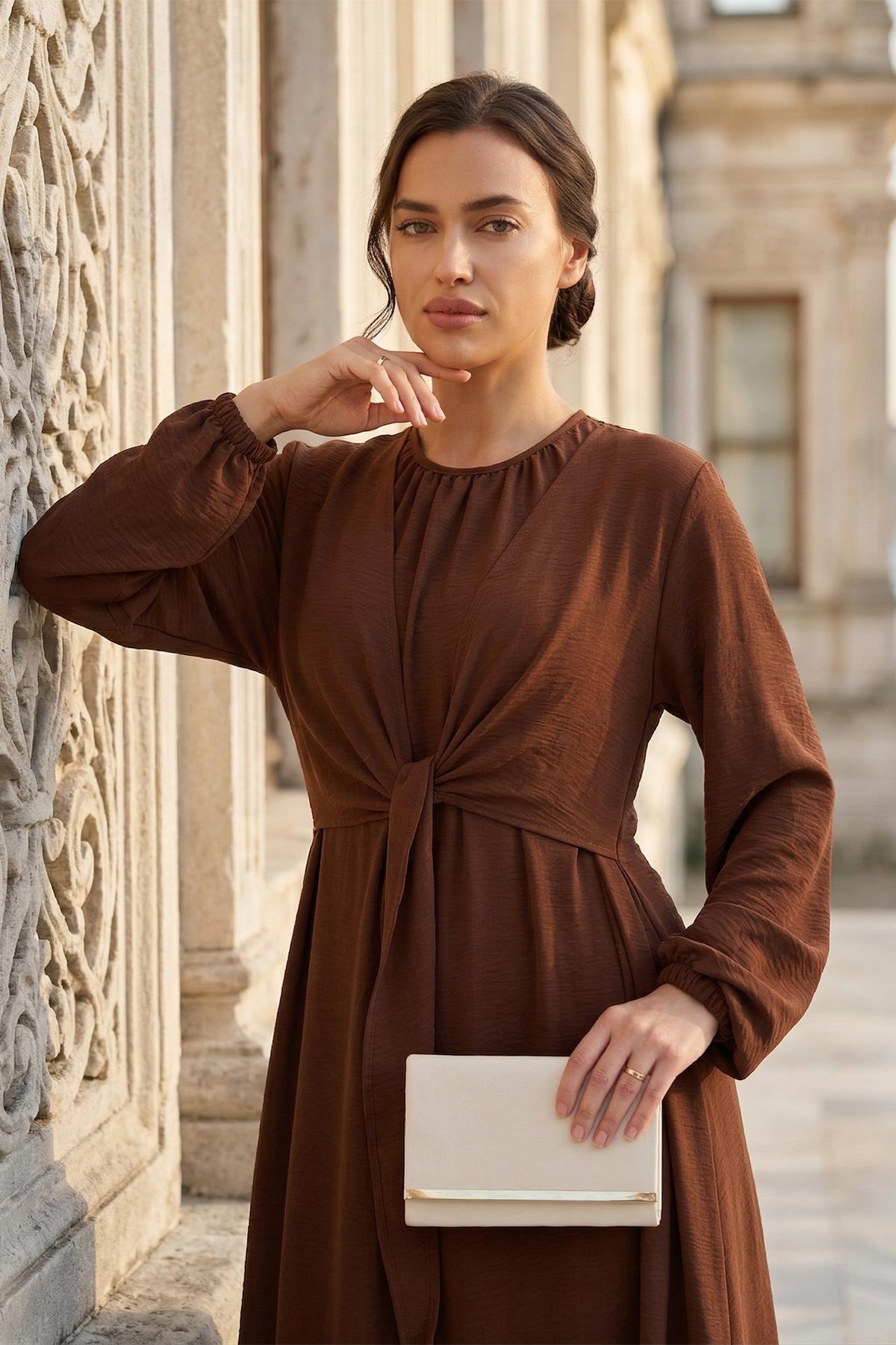 Bağlamalı Ayrobin Elbise Kahverengi SS2873