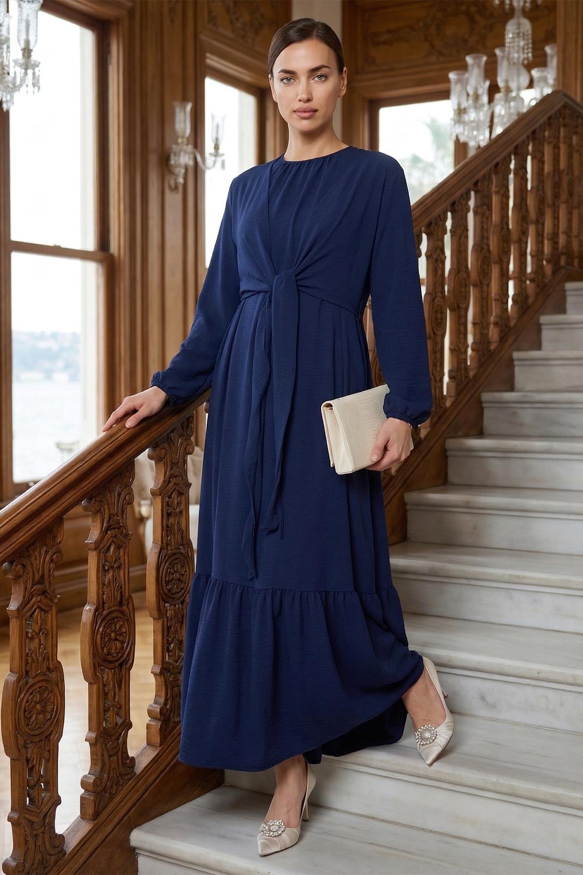 Bağlamalı Ayrobin Elbise Lacivert SS2873