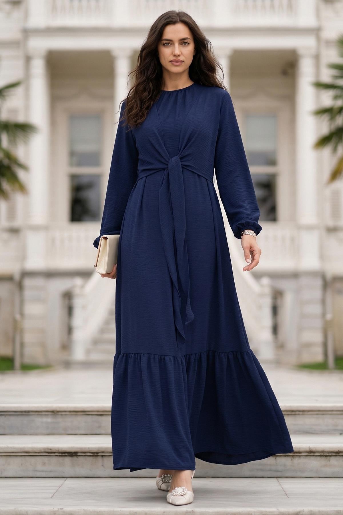 Bağlamalı Ayrobin Elbise Lacivert SS2873