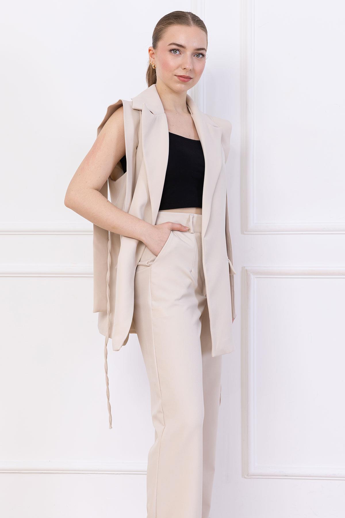 Bağlamalı Yelekli Takım Bej SS2750