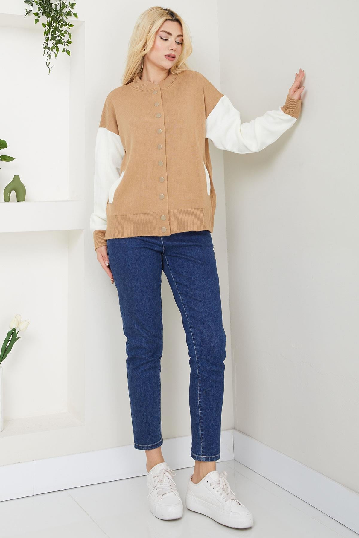 Bomber Yaka Çıtçıtlı Triko Hırka SS2615 Kahverengi