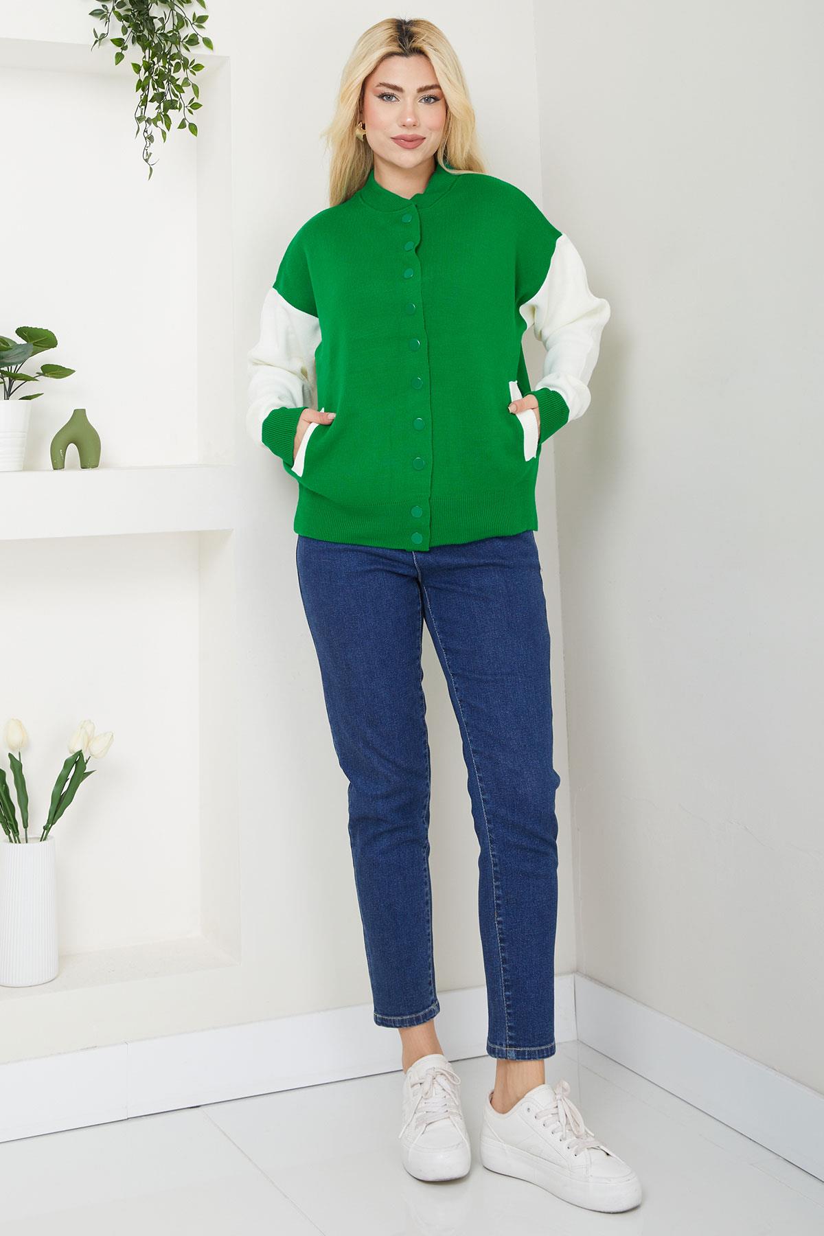 Bomber Yaka Çıtçıtlı Triko Hırka SS2615 Yeşil