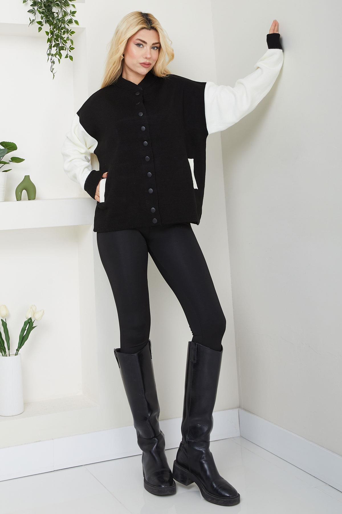 Bomber Yaka Çıtçıtlı Triko Hırka SS2615 Siyah
