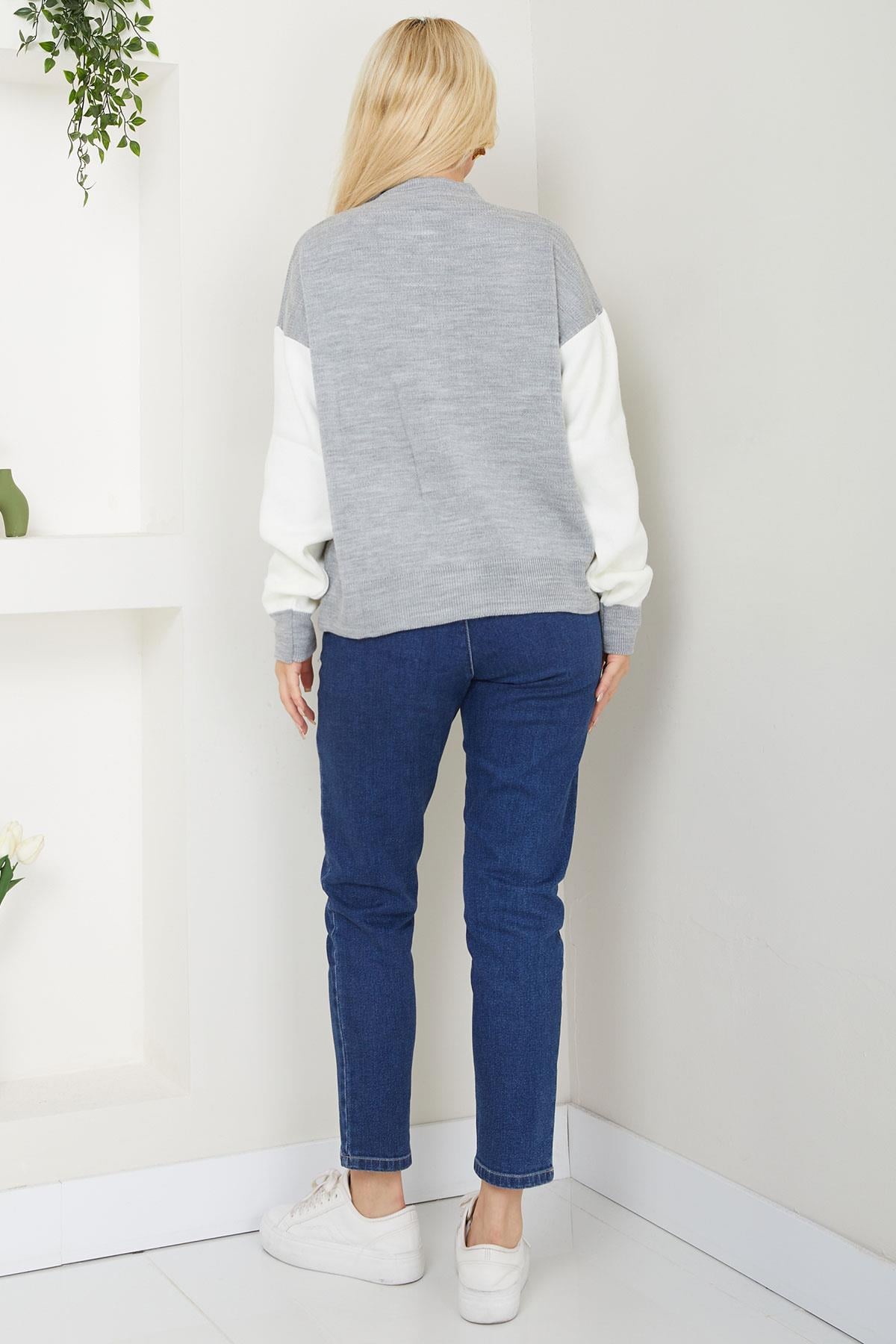 Bomber Yaka Çıtçıtlı Triko Hırka SS2615 Gri