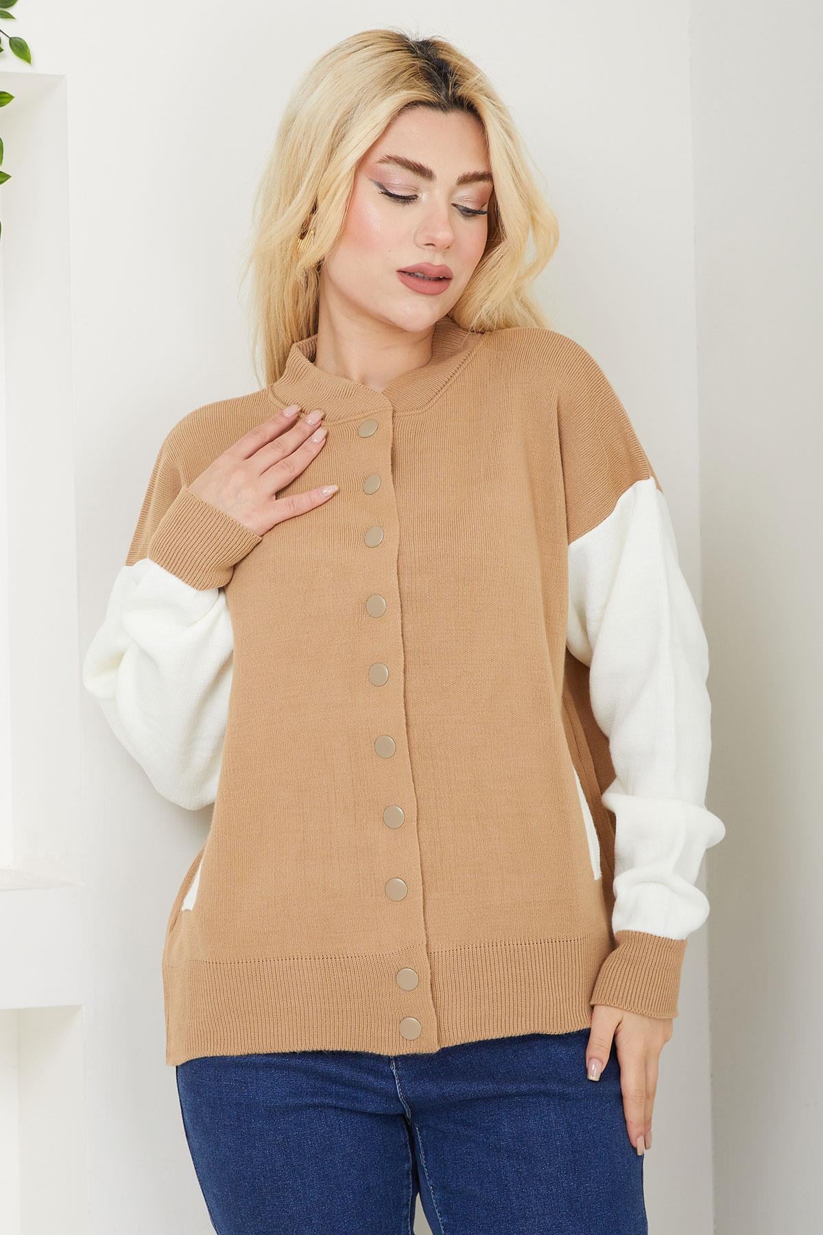 Bomber Yaka Çıtçıtlı Triko Hırka SS2615 Kahverengi