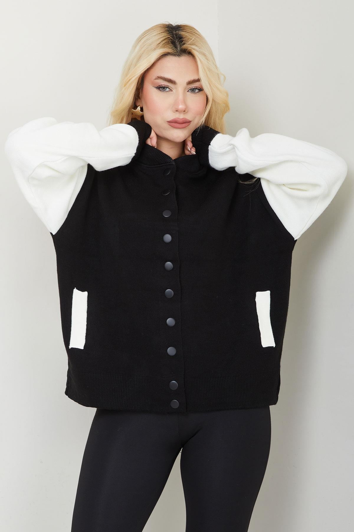 Bomber Yaka Çıtçıtlı Triko Hırka SS2615 Siyah