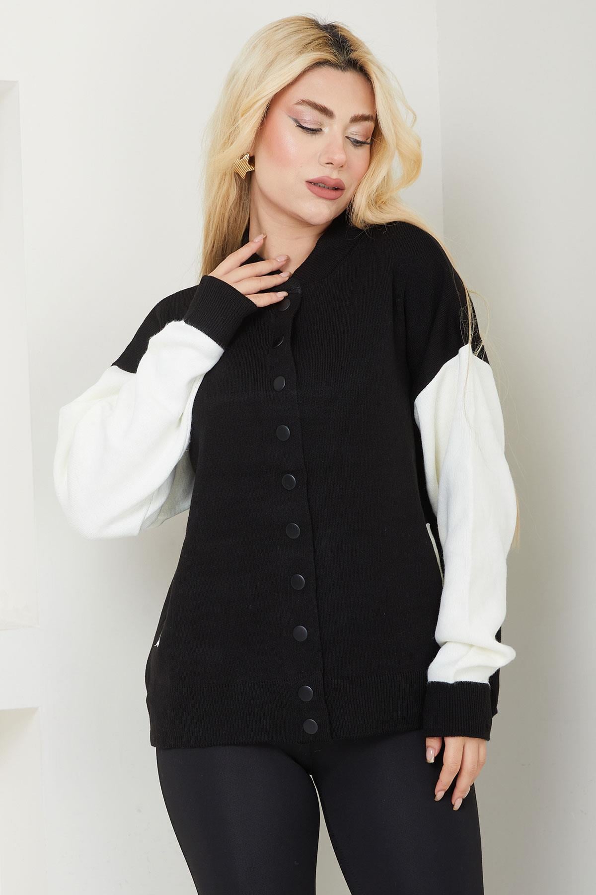 Bomber Yaka Çıtçıtlı Triko Hırka SS2615 Siyah