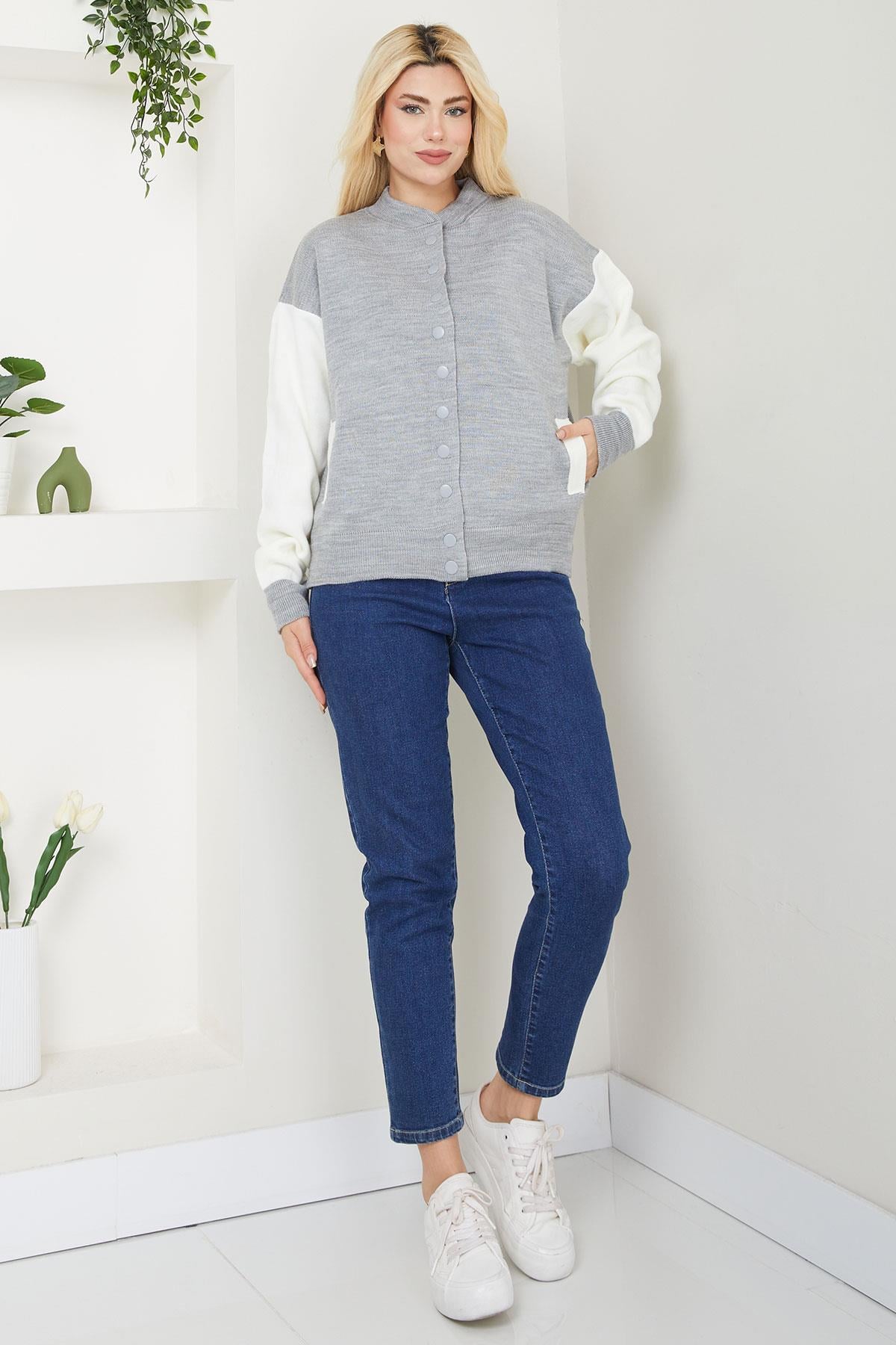 Bomber Yaka Çıtçıtlı Triko Hırka SS2615 Gri