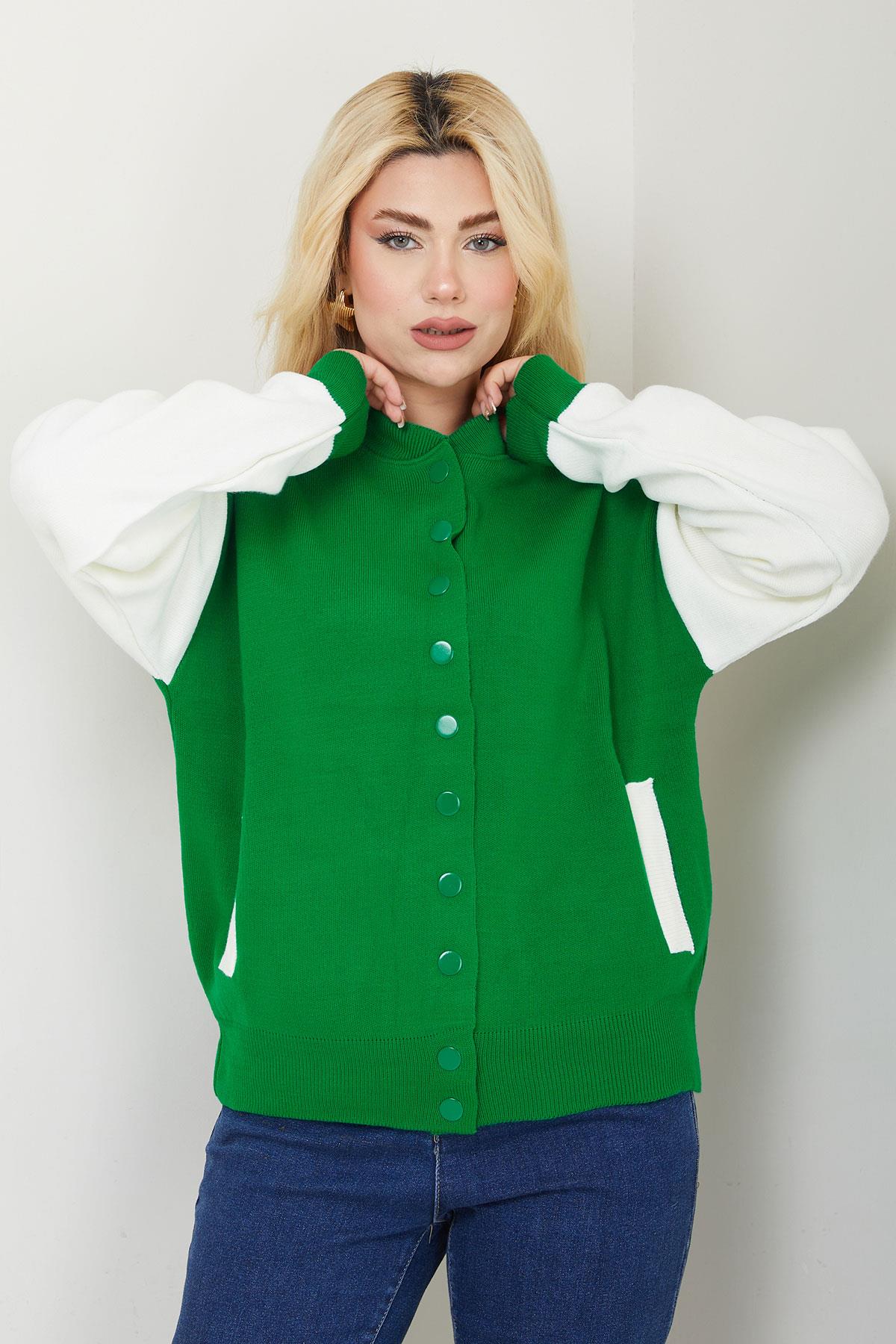 Bomber Yaka Çıtçıtlı Triko Hırka SS2615 Yeşil