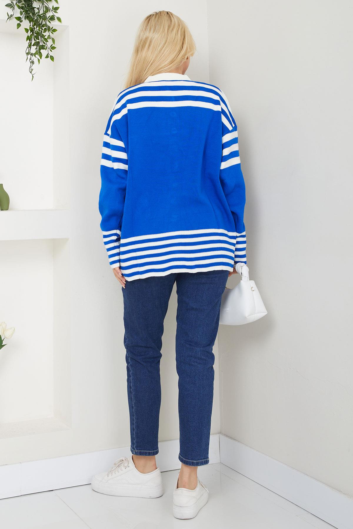 Bomber Yakalı Çizgili Triko Hırka SS2621 Saks