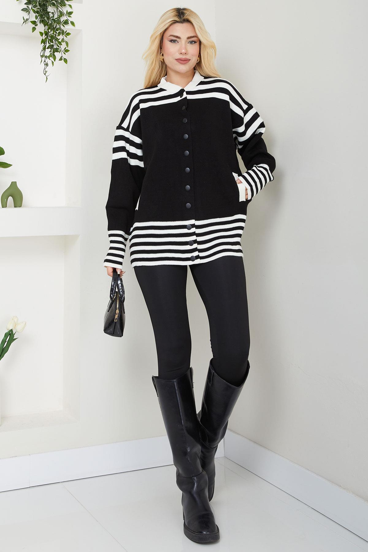 Bomber Yakalı Çizgili Triko Hırka SS2621 Siyah