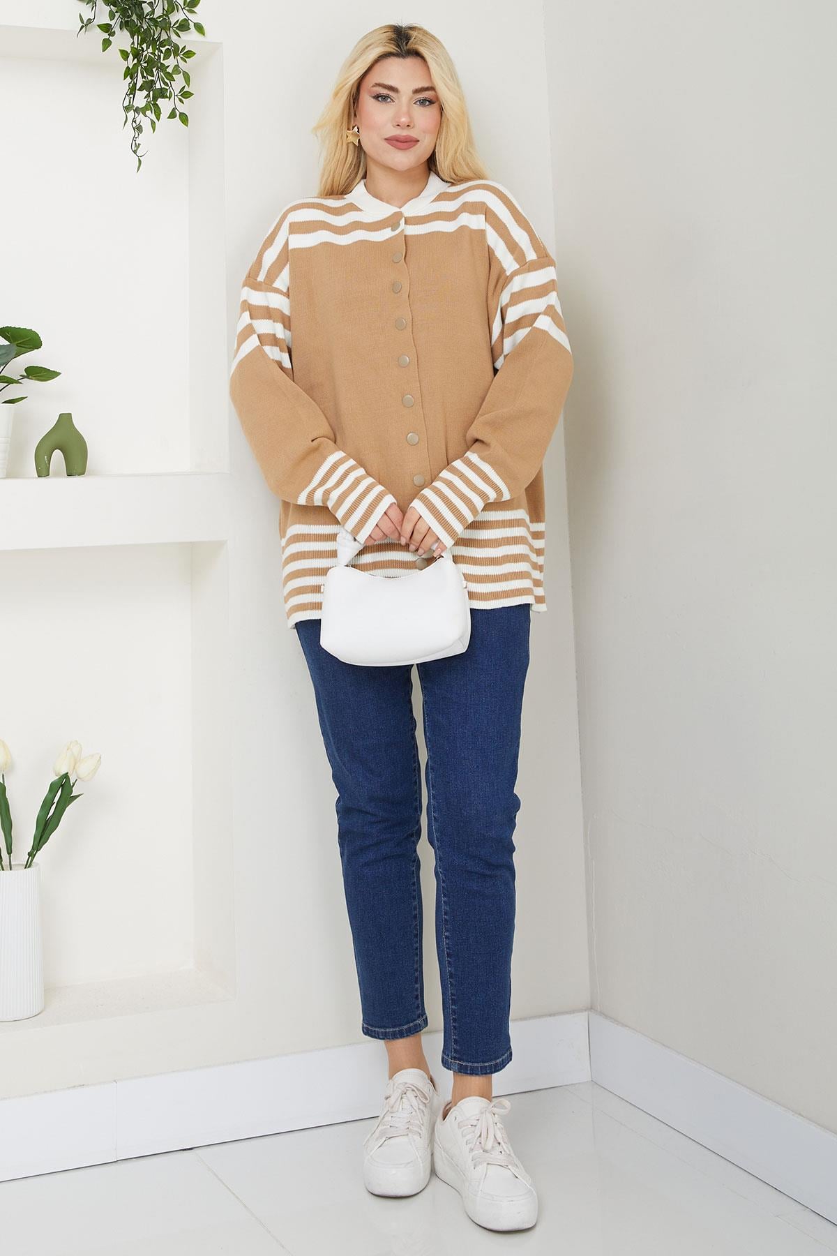 Bomber Yakalı Çizgili Triko Hırka SS2621 Camel