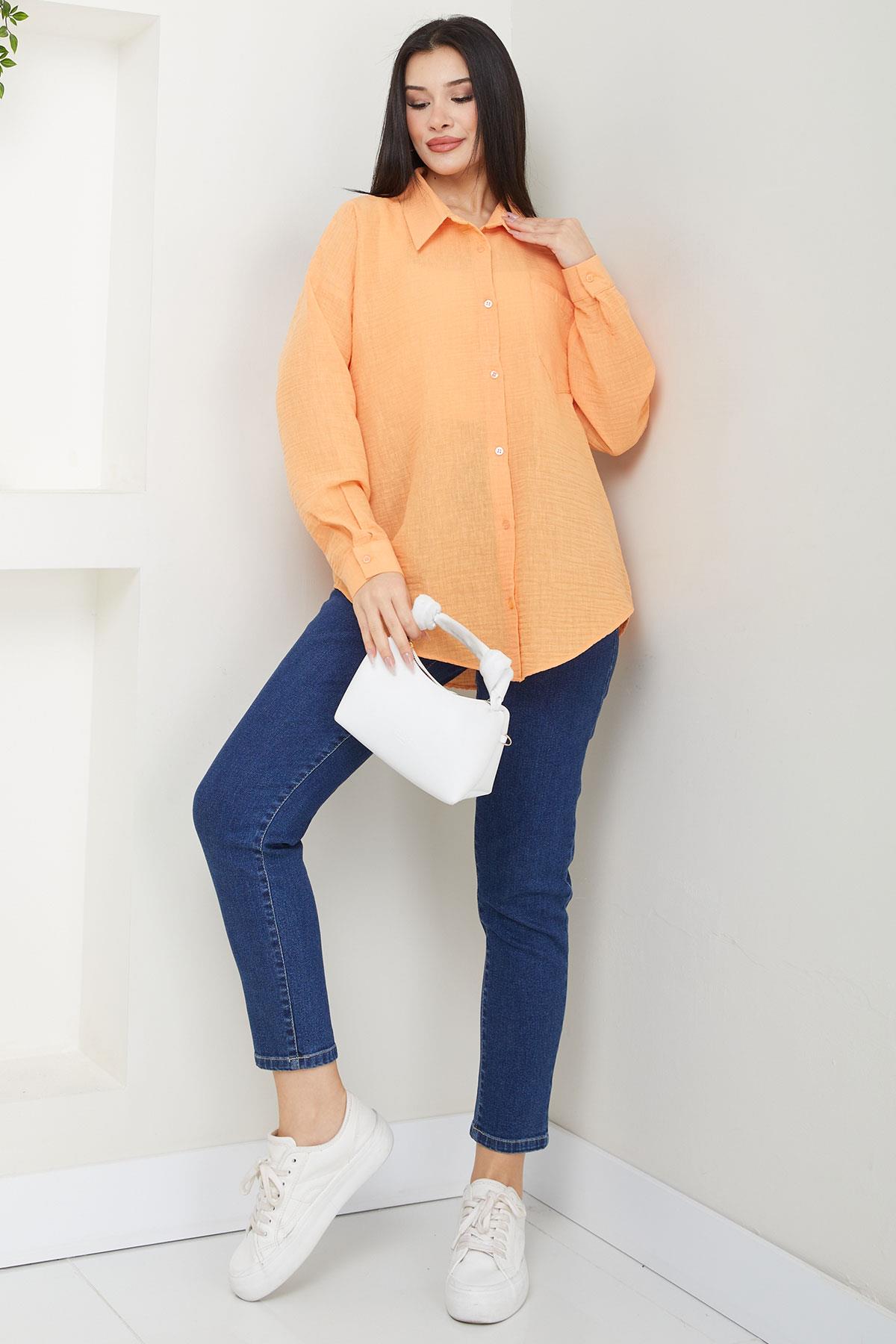 Cepli Oversize Keten Gömlek Turuncu SS2651