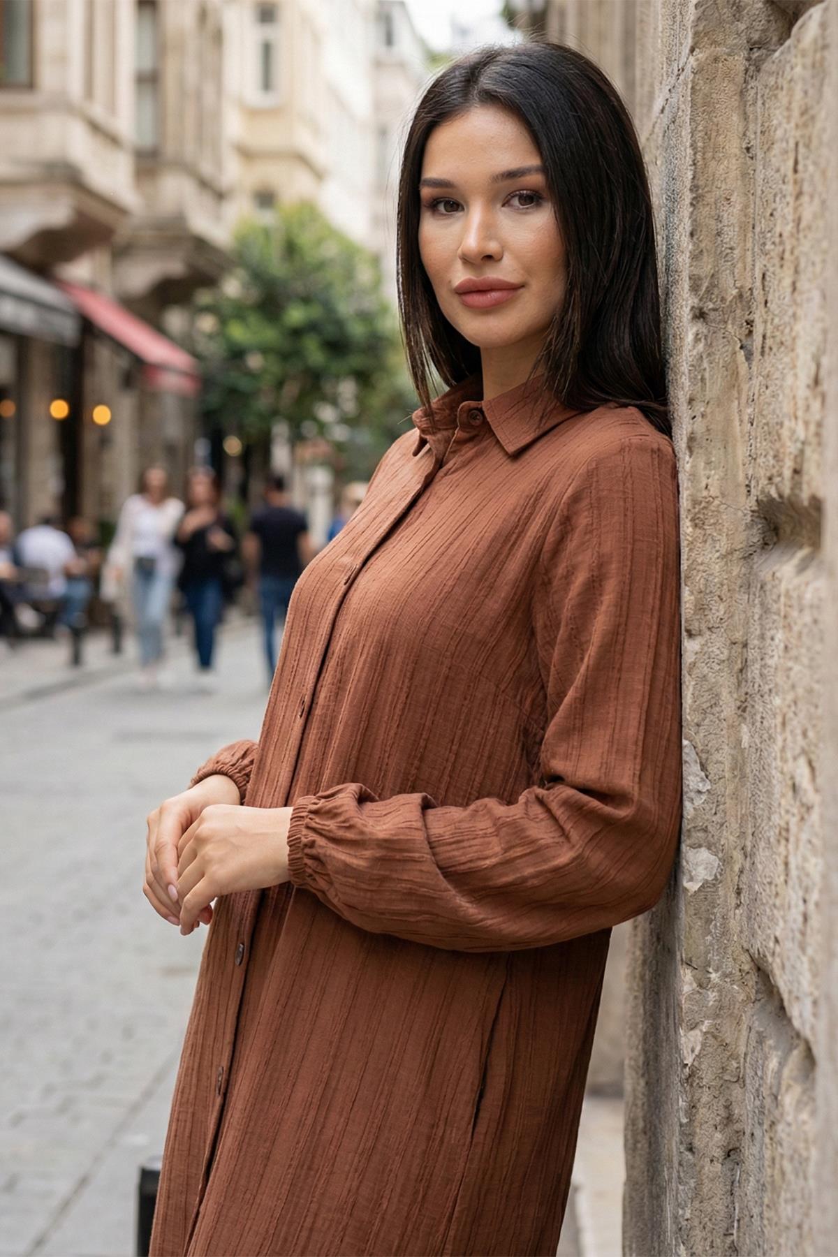 Düğmeli Uzun Gömlek Kahverengi SS2109