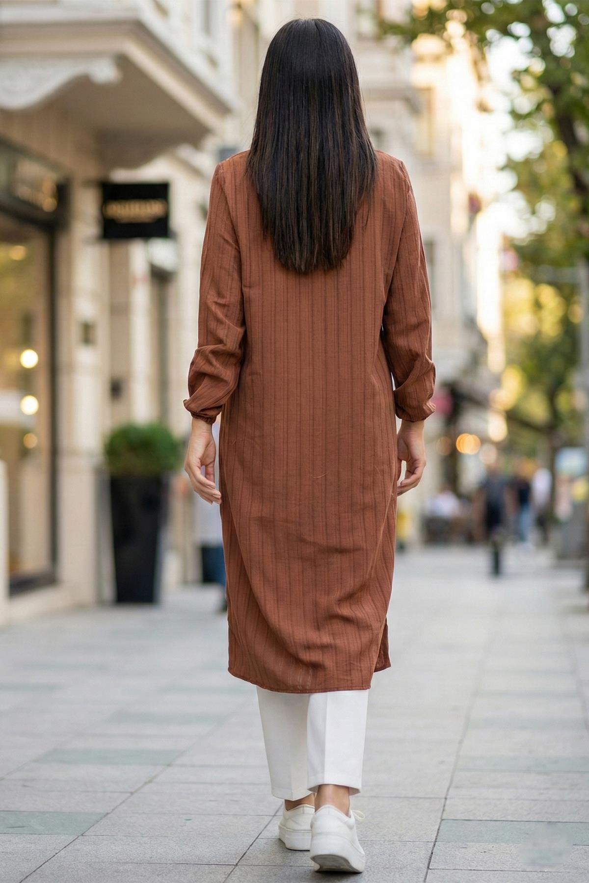 Düğmeli Uzun Gömlek Kahverengi SS2109