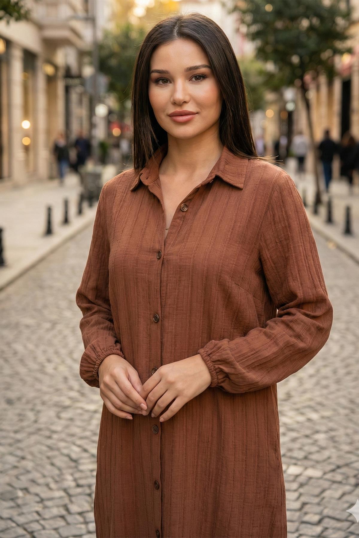 Düğmeli Uzun Gömlek Kahverengi SS2109