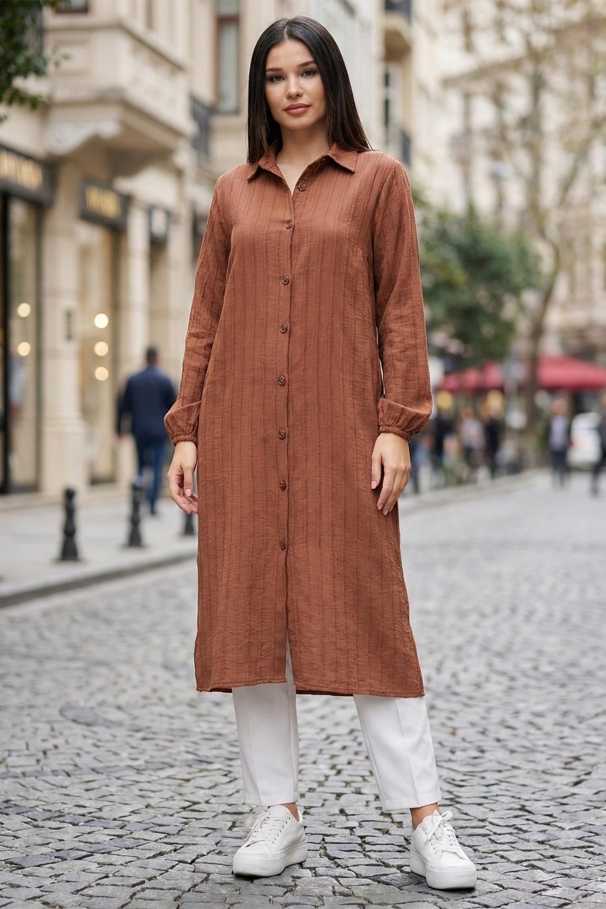Düğmeli Uzun Gömlek Kahverengi SS2109