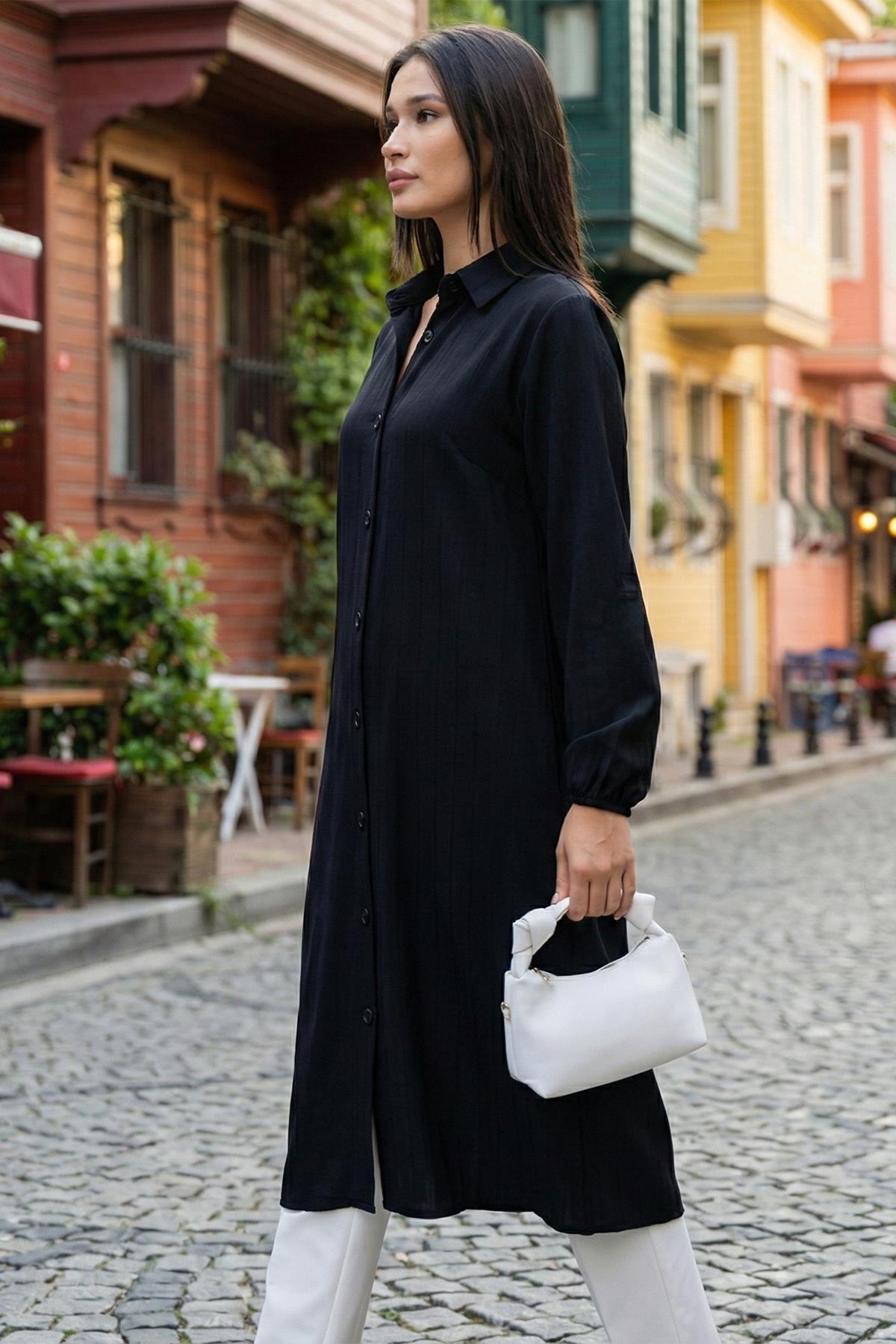 Düğmeli Uzun Gömlek Siyah SS2109 