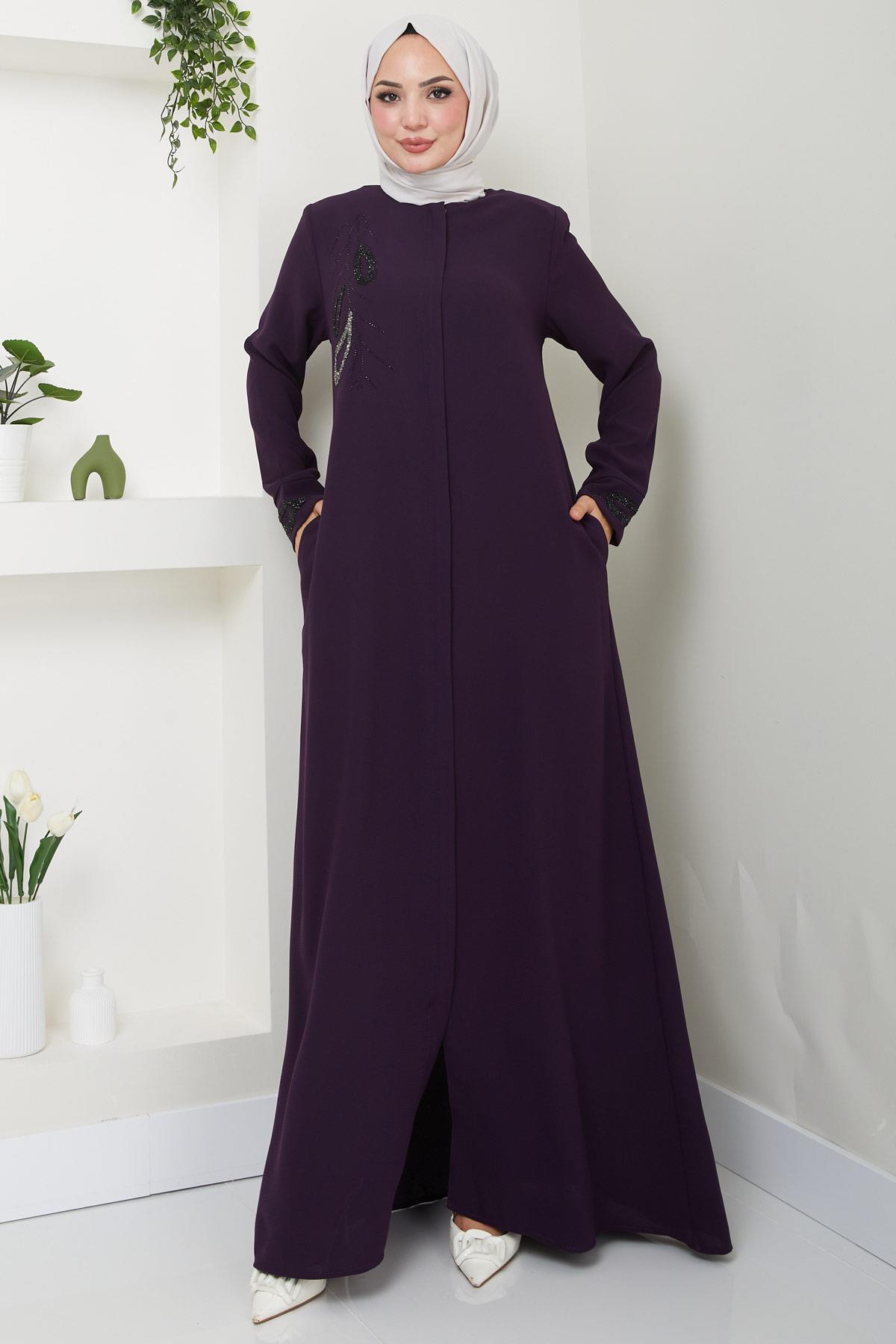 Hüma Taş Detaylı Ferace Mürdüm HM2479