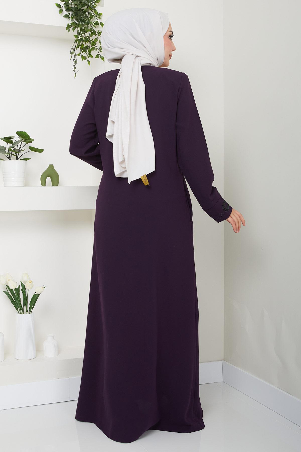 Hüma Taş Detaylı Ferace Mürdüm HM2479