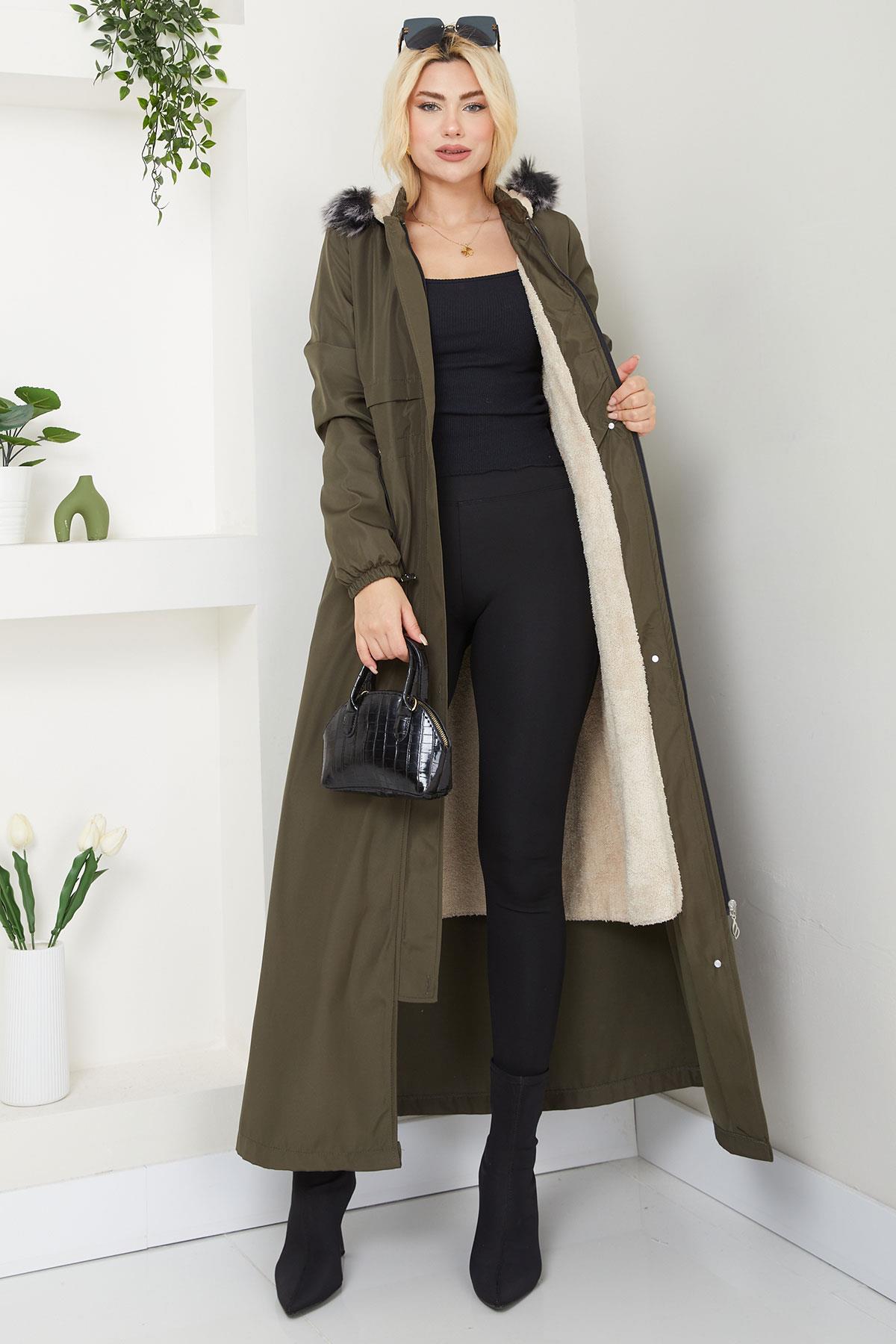 İçi Kürklü Tam Boy  Mont Haki SS2331