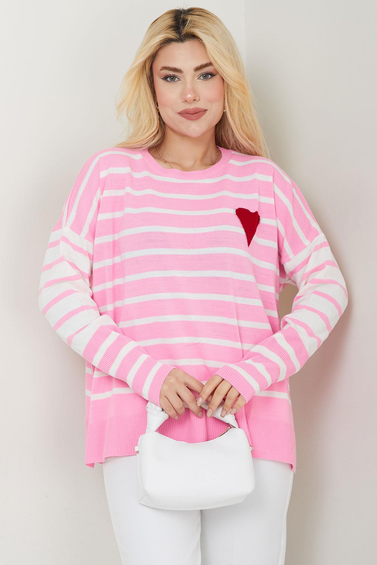 Kalp Aplikeli Çizgili Kazak SS2617 Pembe