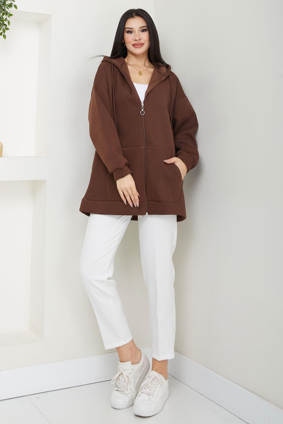 Kapüşonlu 3 İplik İçi Şardonlu Fermuarlı Sweatshirt Hırka Kahverengi SS2648