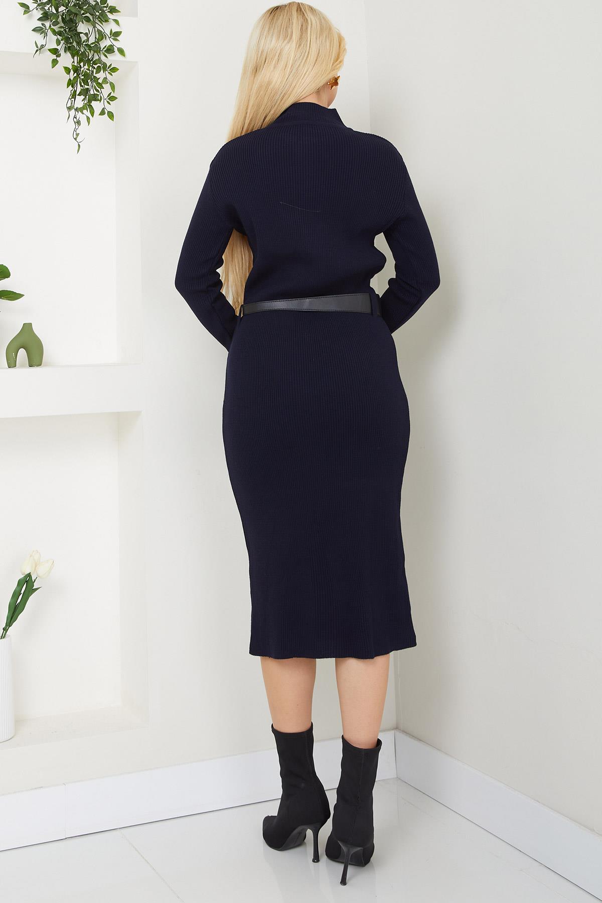 Kemerli Fitilli Triko Elbise Lacivert SS2598