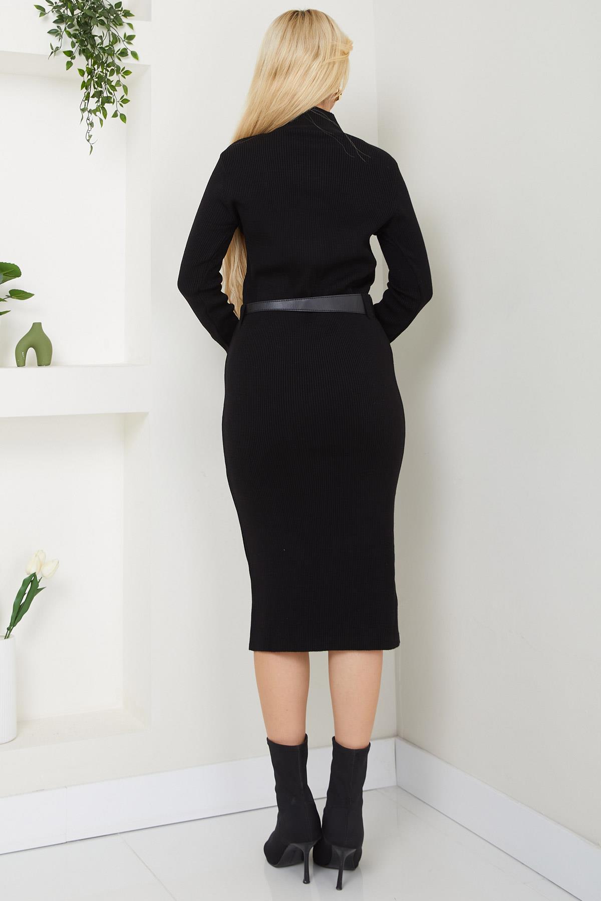 Kemerli Fitilli Triko Elbise Siyah SS2598