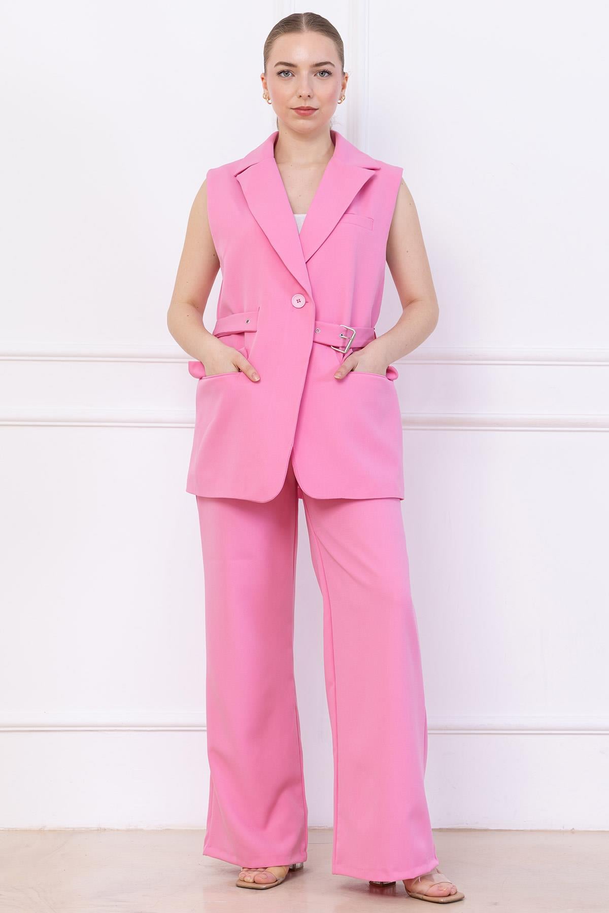 Kemerli Yelekli Takım Pembe SS2749