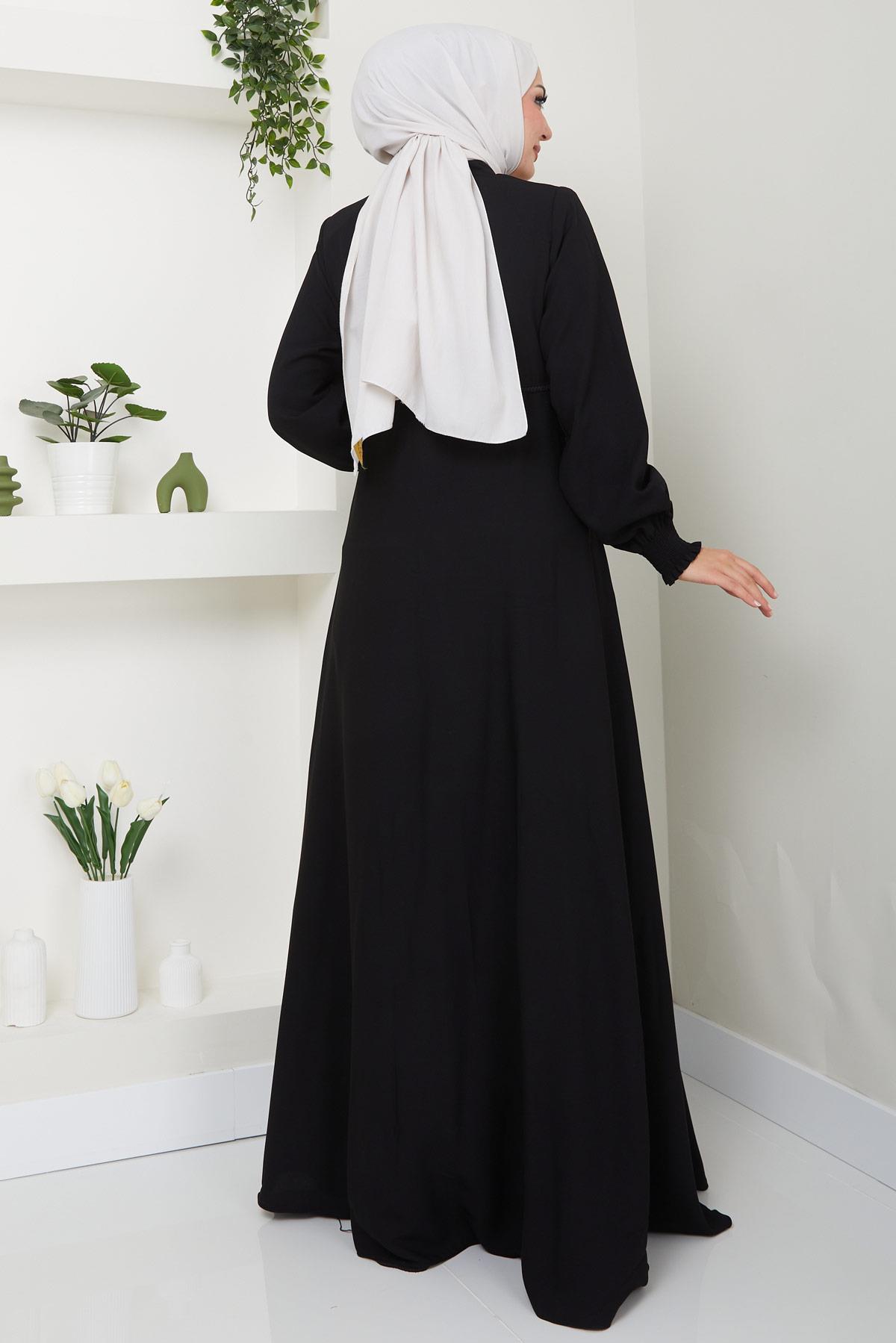 Kolu Gipeli Nakış Detaylı Mevlana Ferace Siyah HM2484