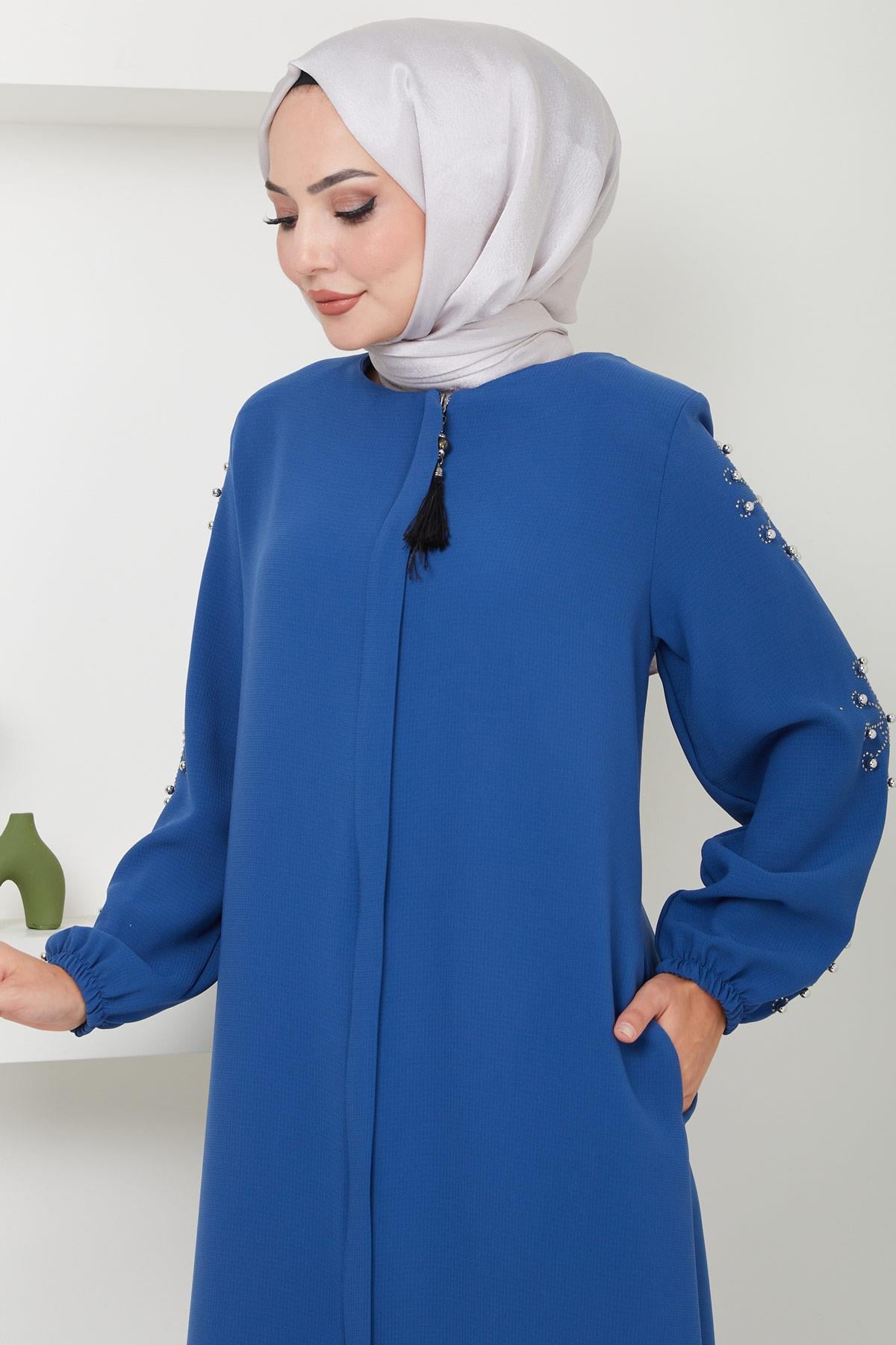 Kolu Taşlı ve İncili Ferace İndigo HM2494