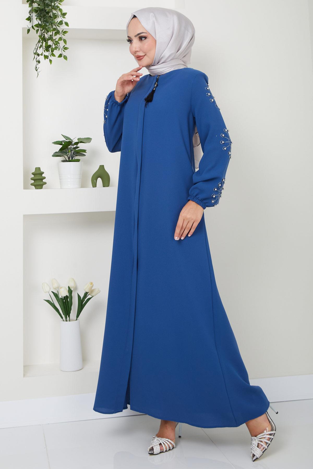 Kolu Taşlı ve İncili Ferace İndigo HM2494